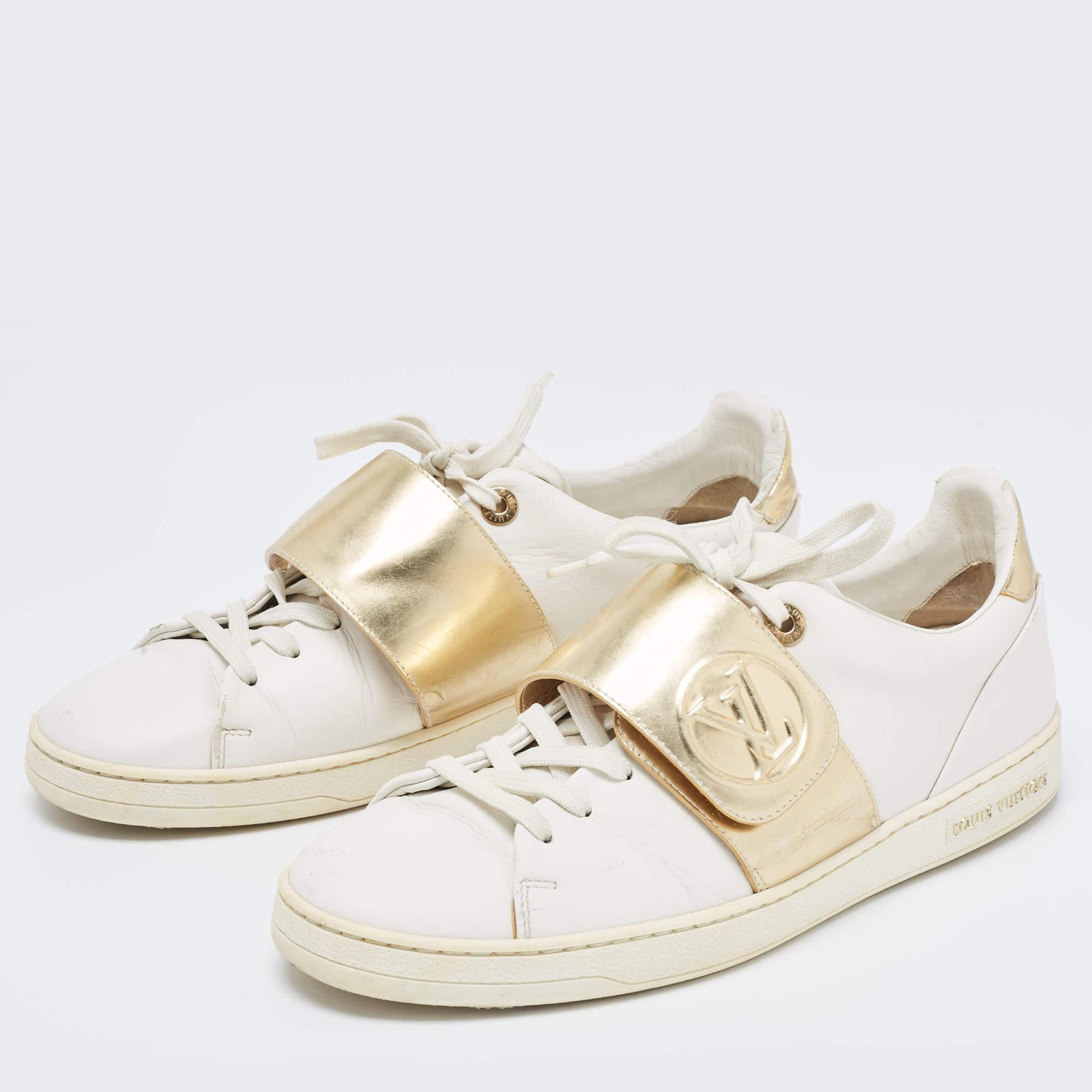 Louis Vuitton White/Gold Leather Frontrow Sneakers For Sale 2