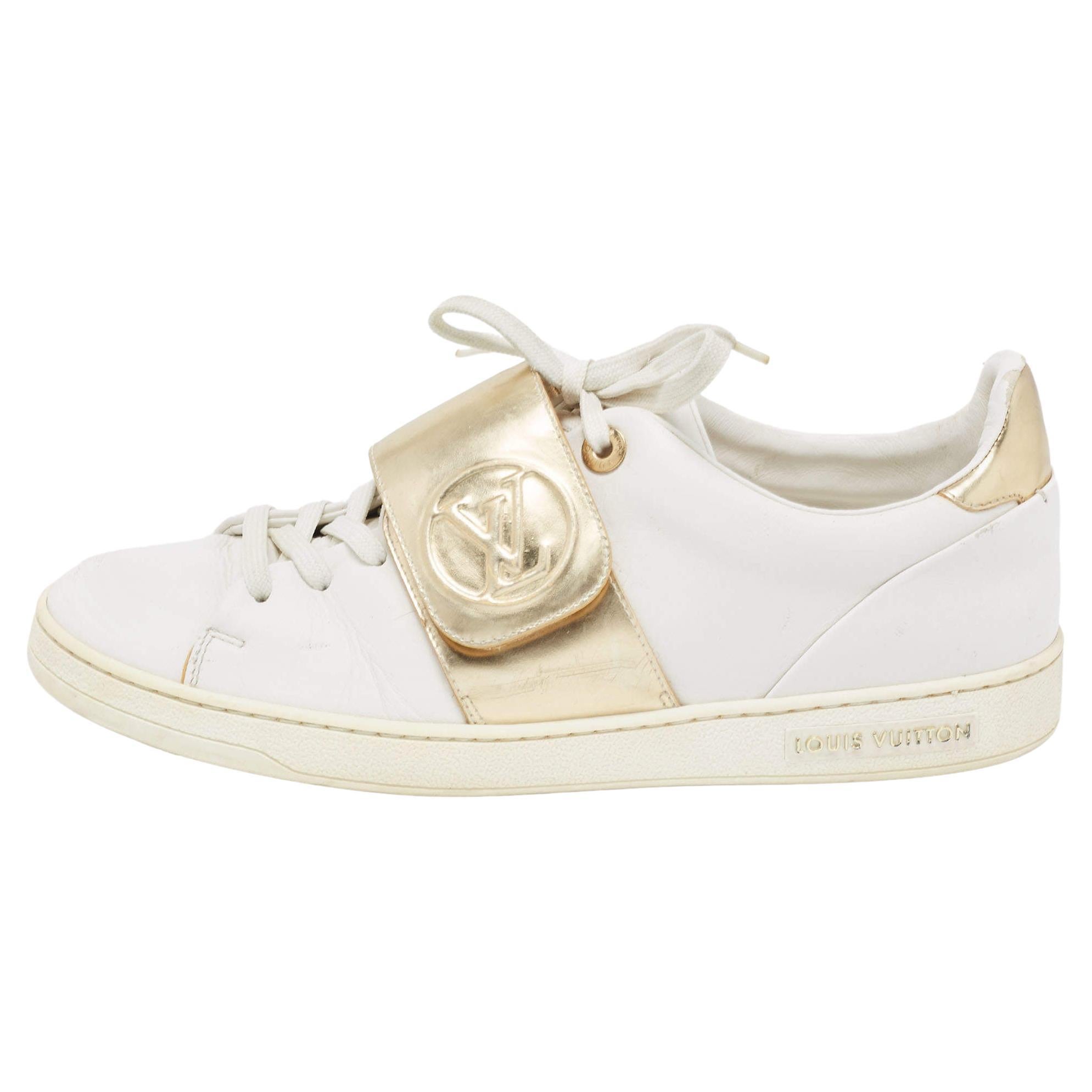 Louis Vuitton White/Gold Leather Frontrow Sneakers For Sale