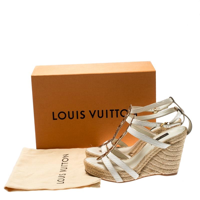 Women's Louis Vuitton White/Gold Monogram Leather Espadrille Wedge Sandals Size 37