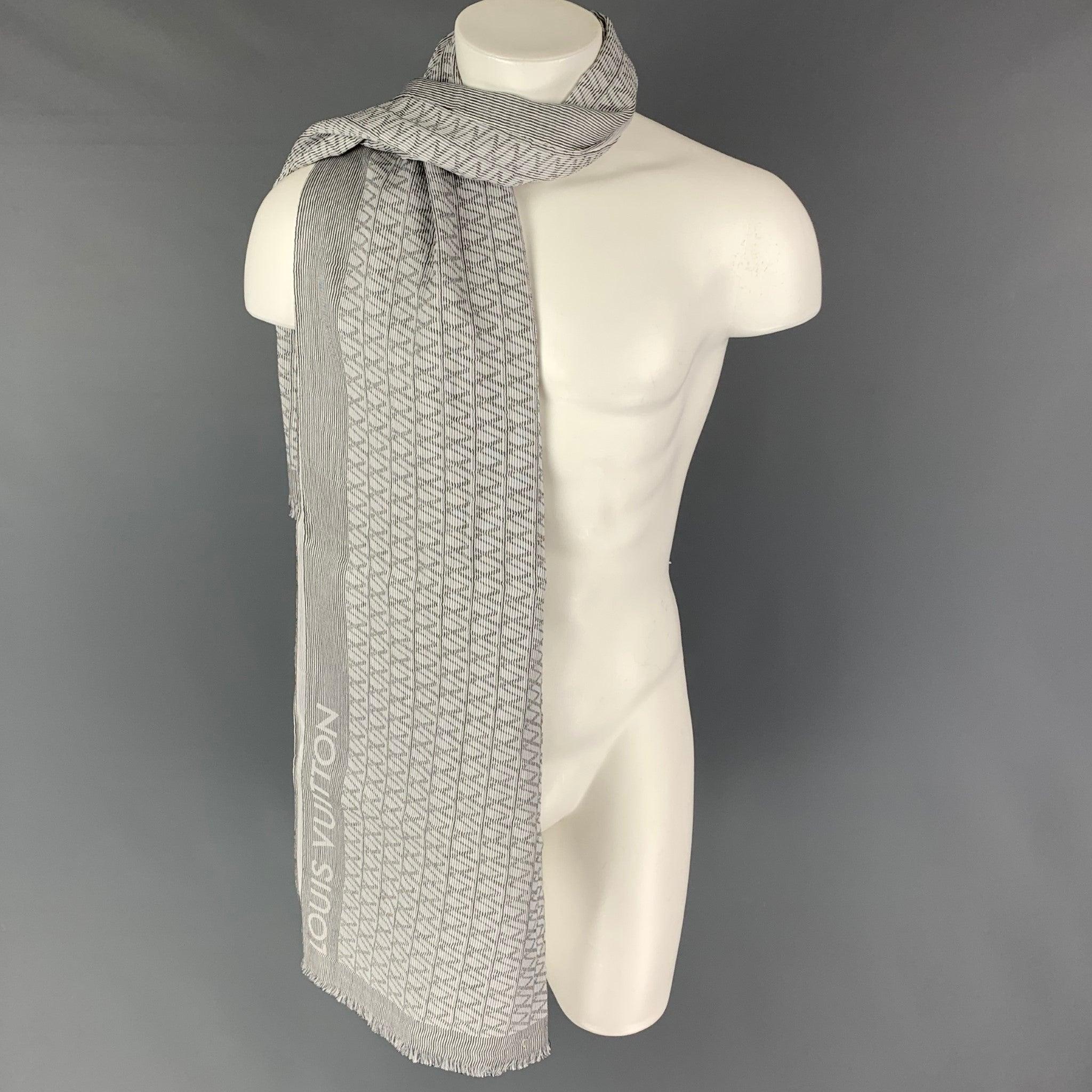 LOUIS VUITTON White Grey Stripe Cotton Silk Scarf For Sale 1