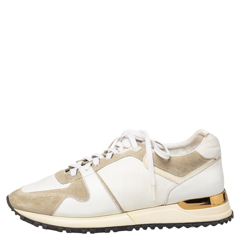 Made to provide comfort, these Run Away sneakers by Louis Vuitton bring a statement look. They are crafted from suede a well as leather and designed with lace-up vamps, and the label on the tongues and counters. Wear them with your casual outfits