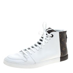 Louis Vuitton White Leather and Monogram Canvas High Top Sneakers Size 41.5
