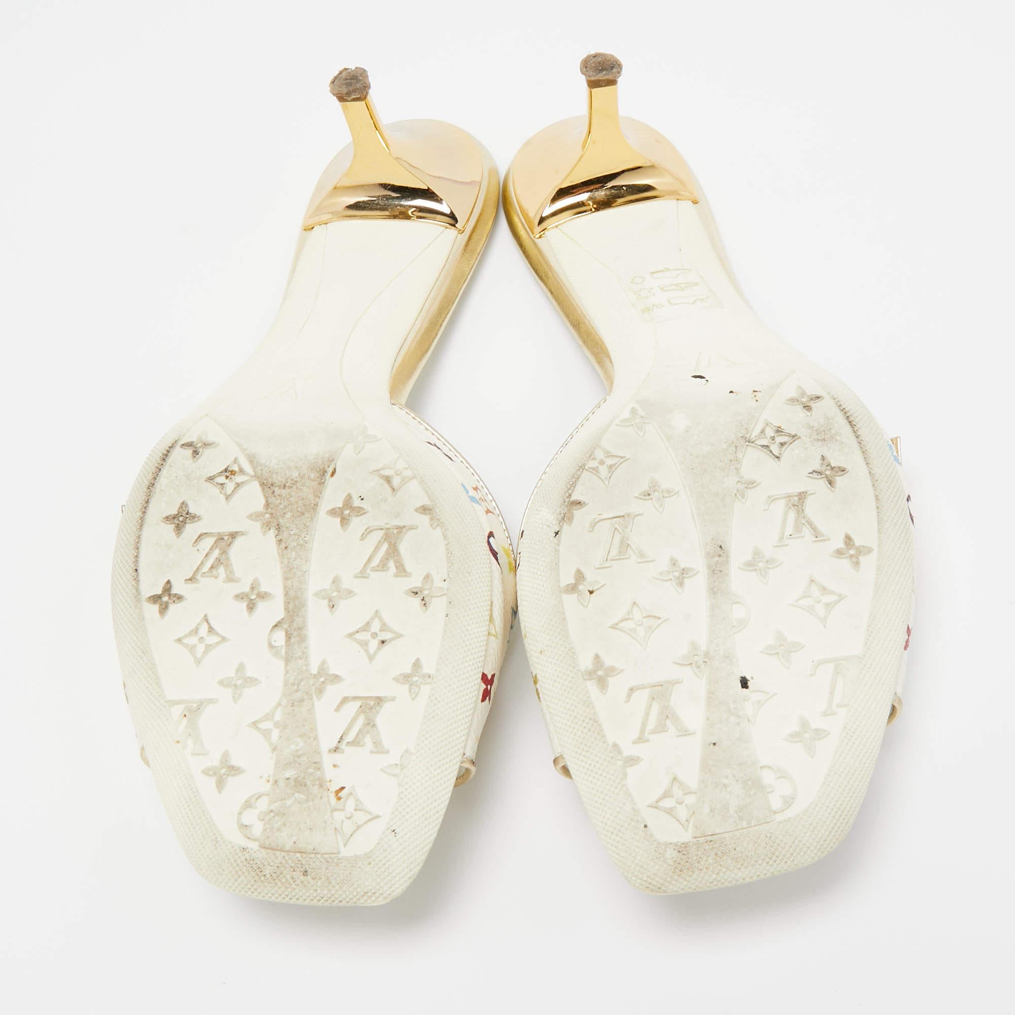 Women's Louis Vuitton White Leather and Monogram Canvas Slide Sandals Size 37.5