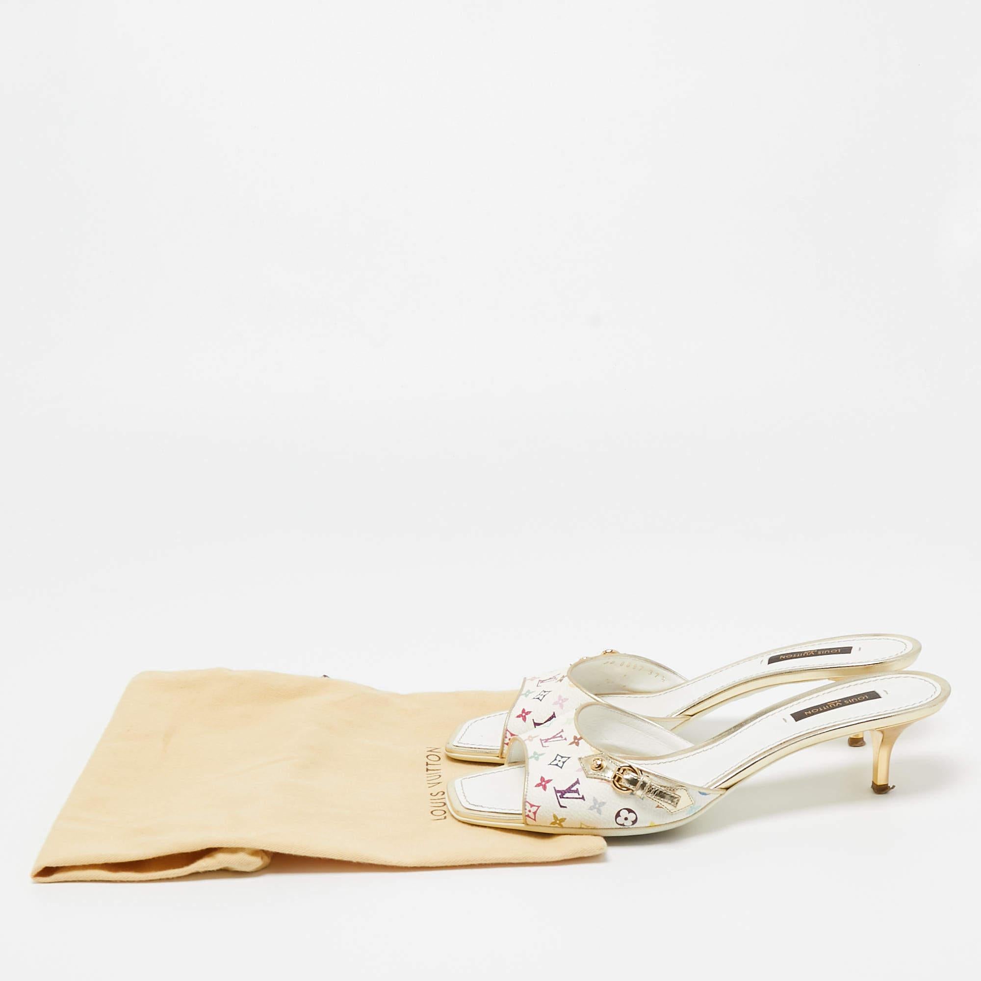 Louis Vuitton White Leather and Monogram Canvas Slide Sandals Size 37.5 5