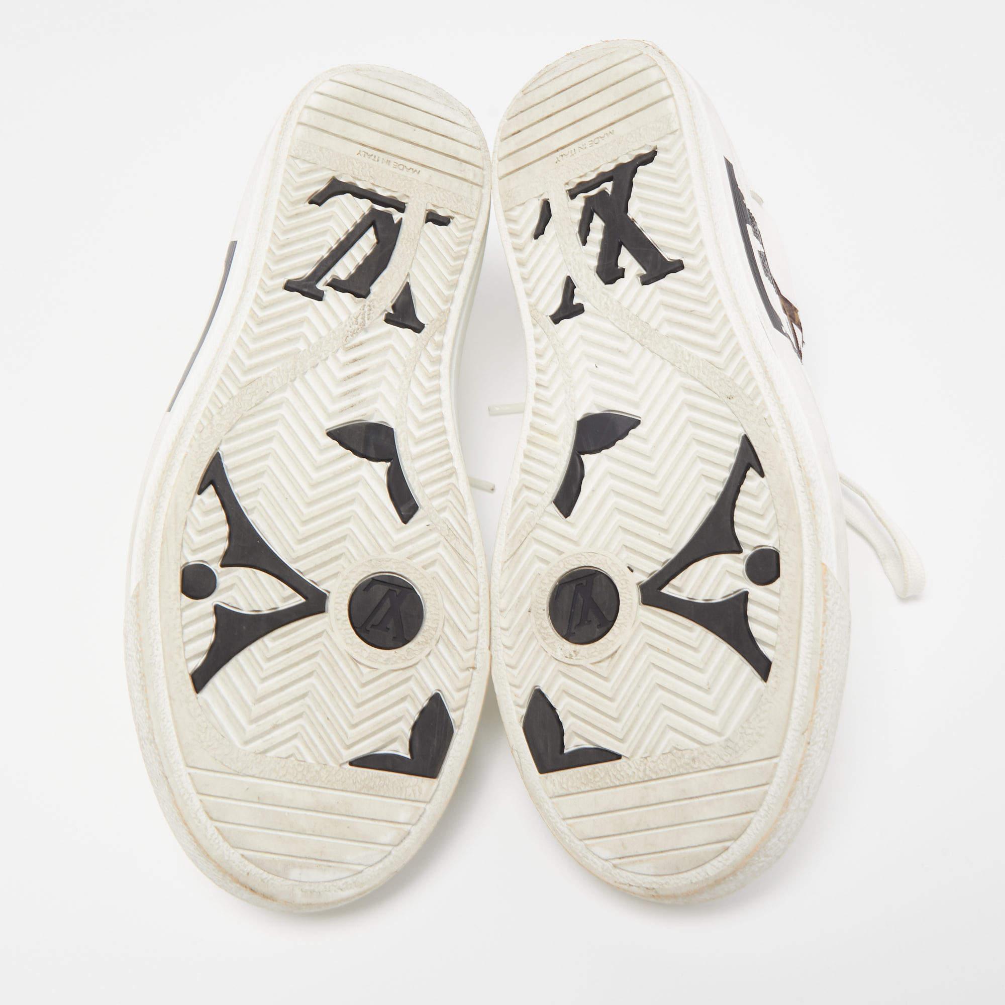Louis Vuitton White Leather and Monogram Fabric Charlie Sneakers In Good Condition In Dubai, Al Qouz 2