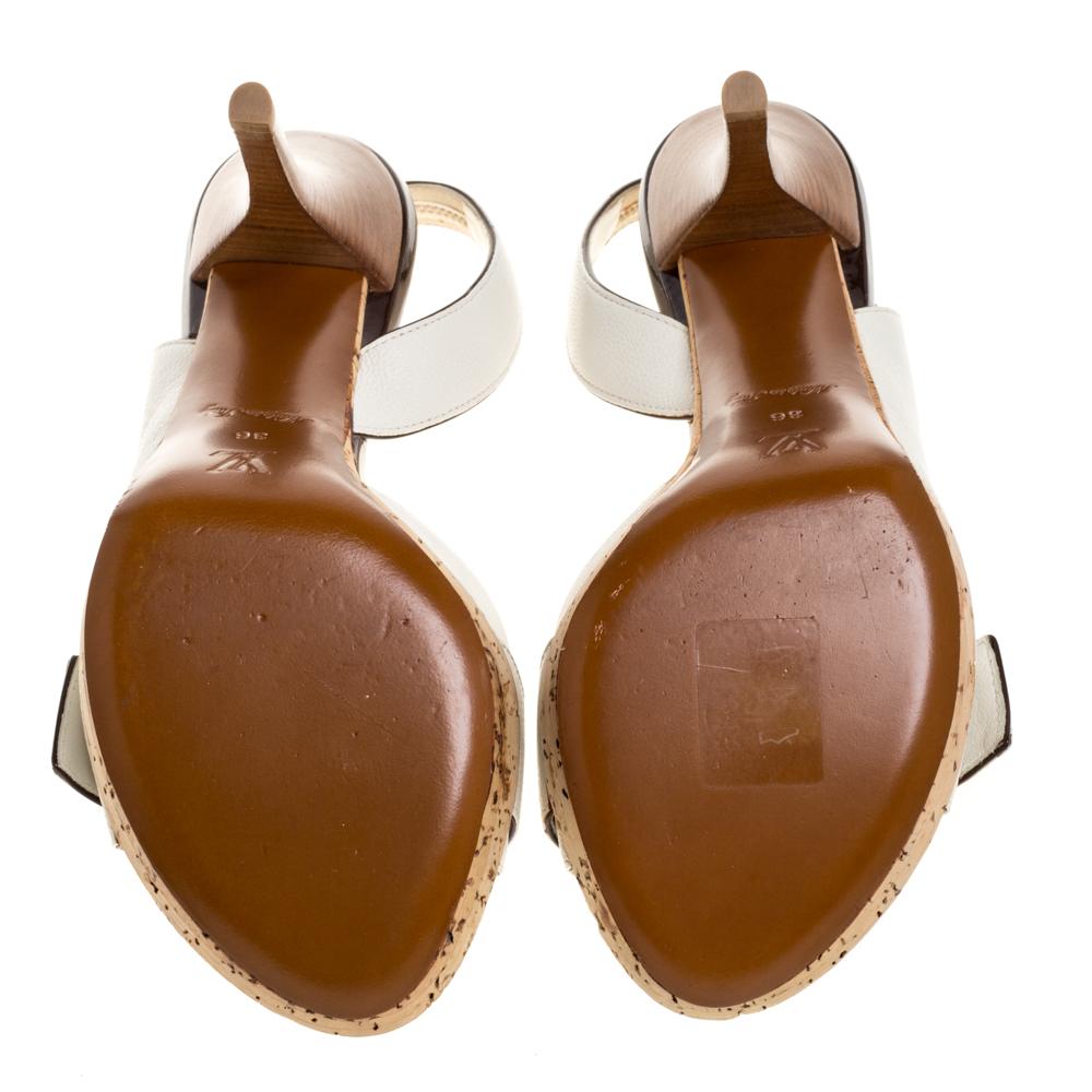 Women's Louis Vuitton White Leather Buckle Cork Platform Slingback Sandals Size 36