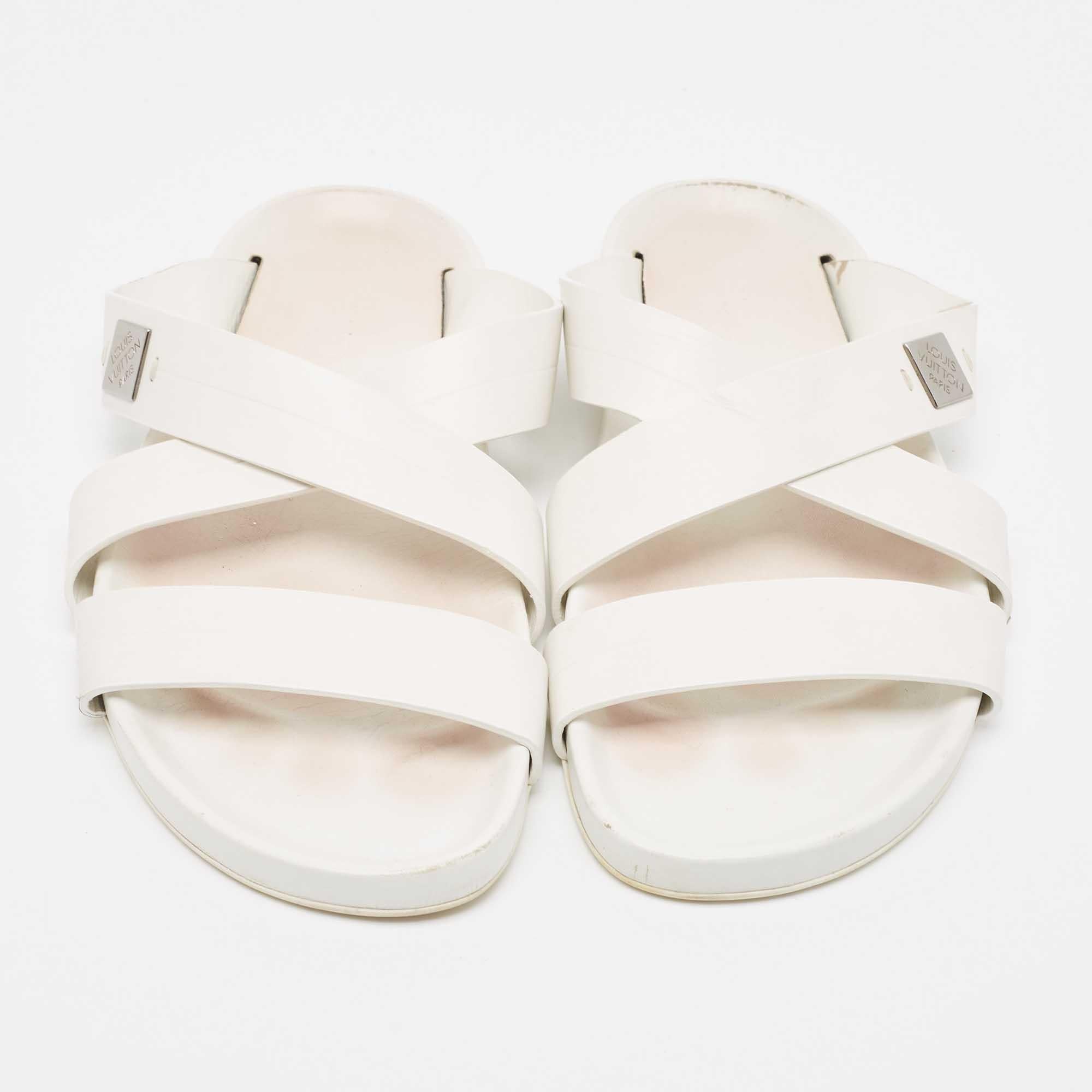 Men's Louis Vuitton White Leather Criss Cross Slides Size 42