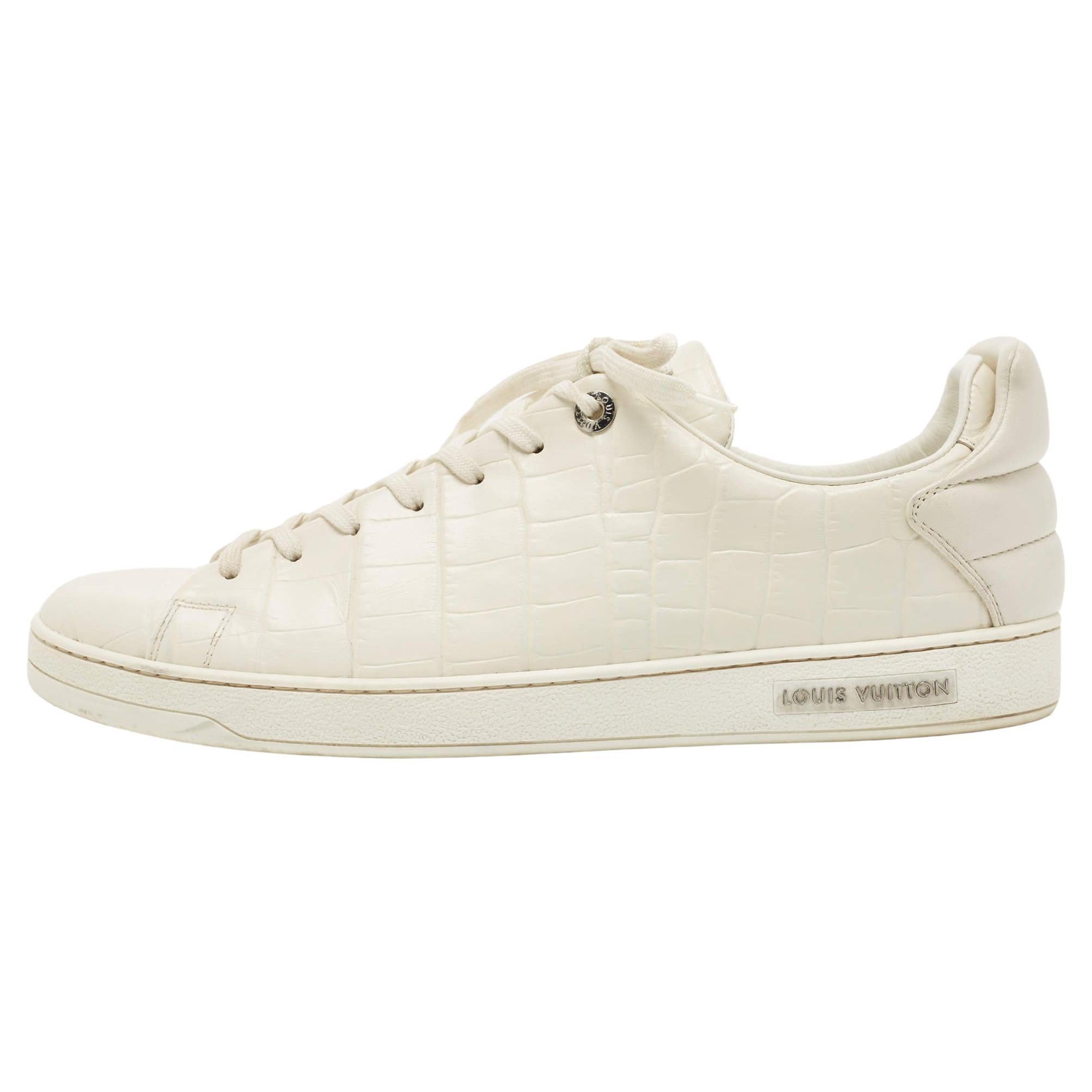 Louis Vuitton White Leather Croc Embossed Leather Frontrow Low Top Sneakers Size For Sale