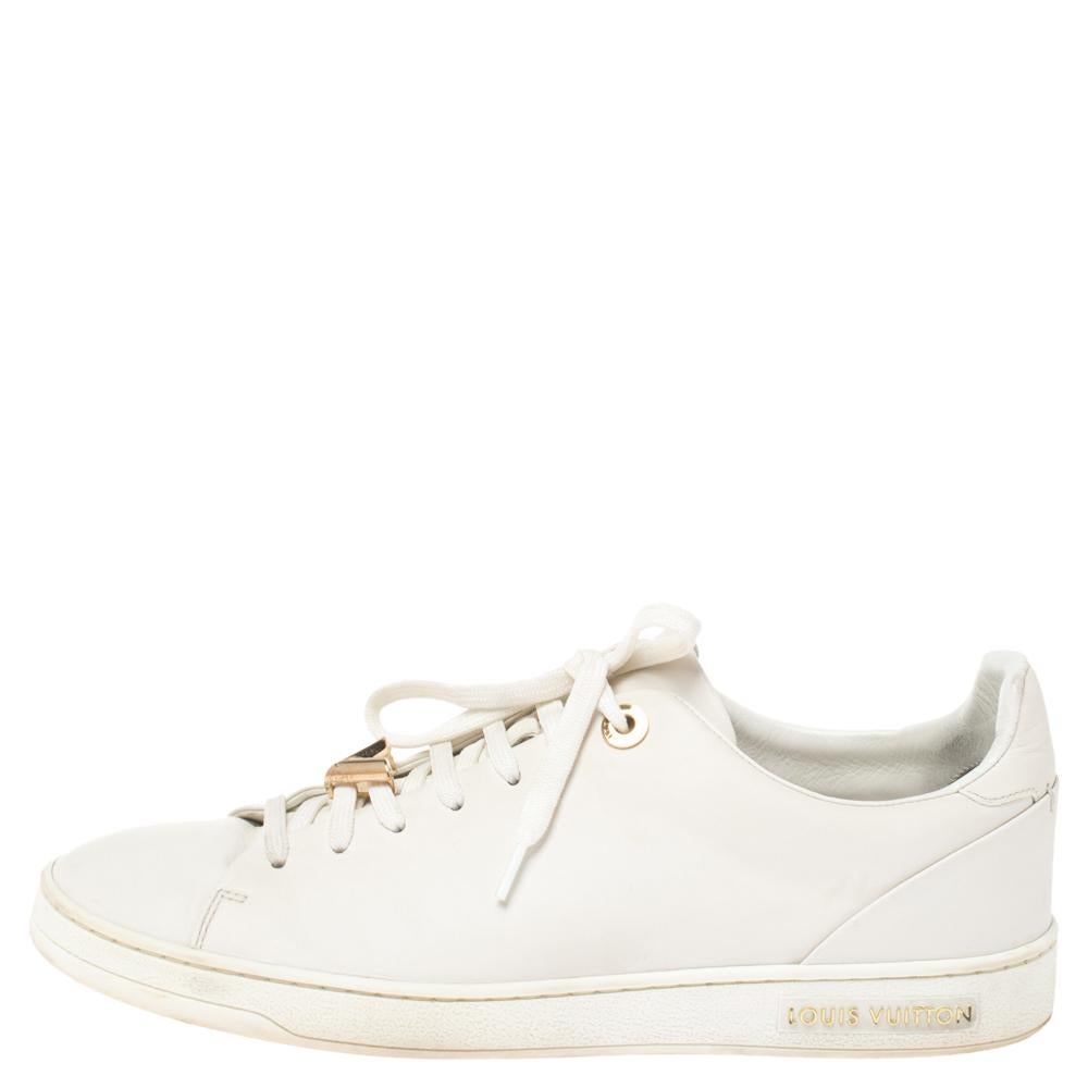 You'll love wearing these Frontrow sneakers from Louis Vuitton! The white sneakers are crafted from leather and feature round toes along with gold-tone logo accents on the lace-up vamps as well as on the midsoles. They come equipped with comfortable