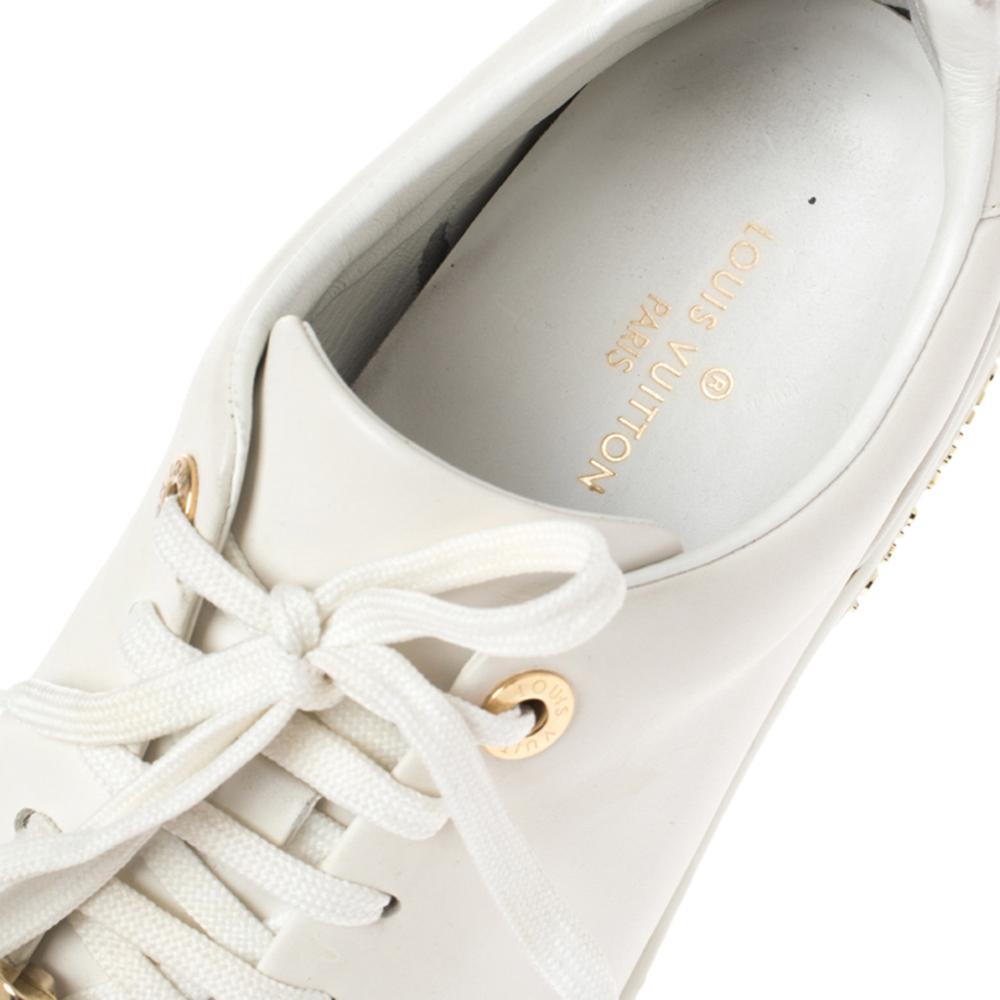 Women's Louis Vuitton White Leather Frontrow Logo Embellished Lace Up Sneakers Size 38.5