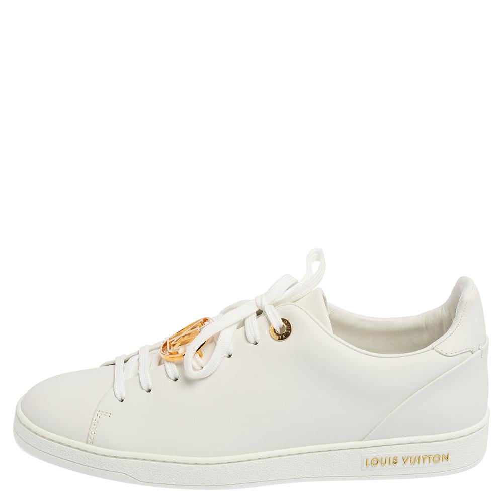 You'll love wearing these Frontrow sneakers from Louis Vuitton! The white sneakers are crafted from leather and feature round toes and lace-ups on the vamps with the LV medallion. They come equipped with comfortable leather-lined insoles and tough