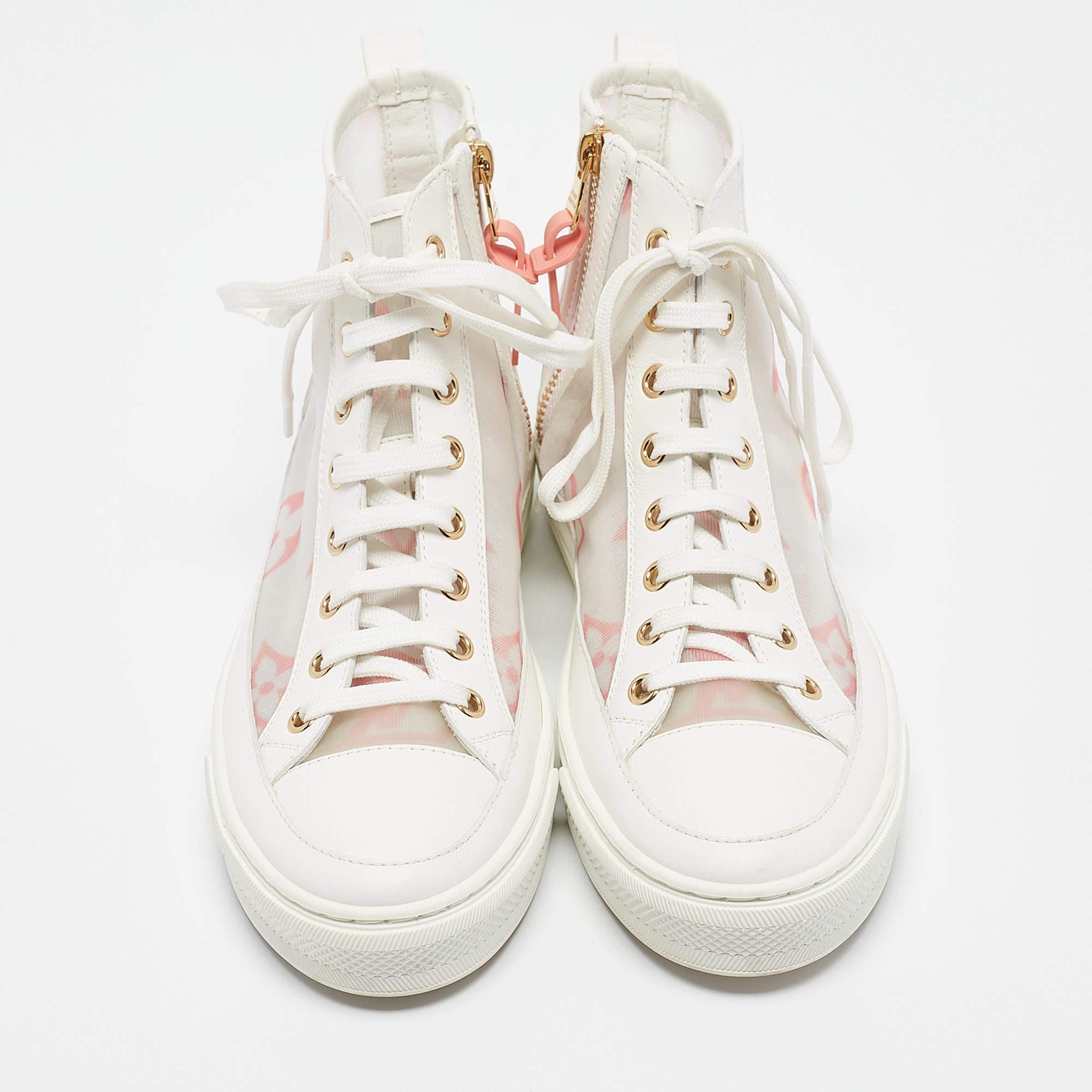 Gray Louis Vuitton White Leather Mesh and Leather Stellar Sneakers Size 37.5 For Sale