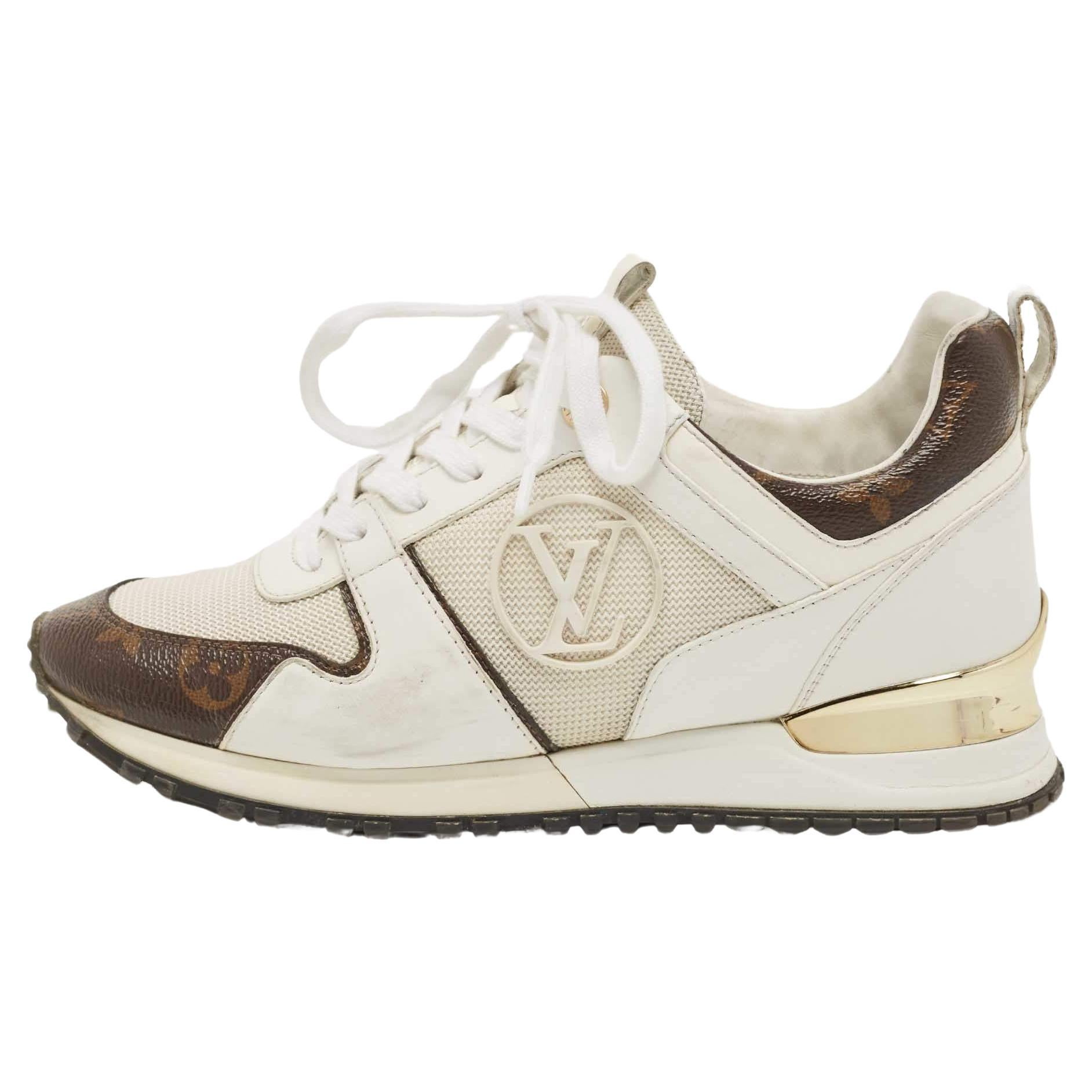Louis Vuitton White Leather, Mesh and Monogram Canvas Run Away Sneakers  For Sale