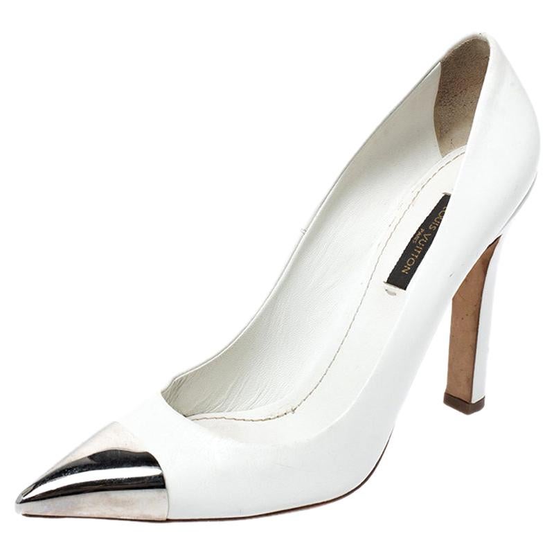 LOUIS VUITTON open toe heels 37-7 white LEATHER pumps $1600 ITALY perfora  gold