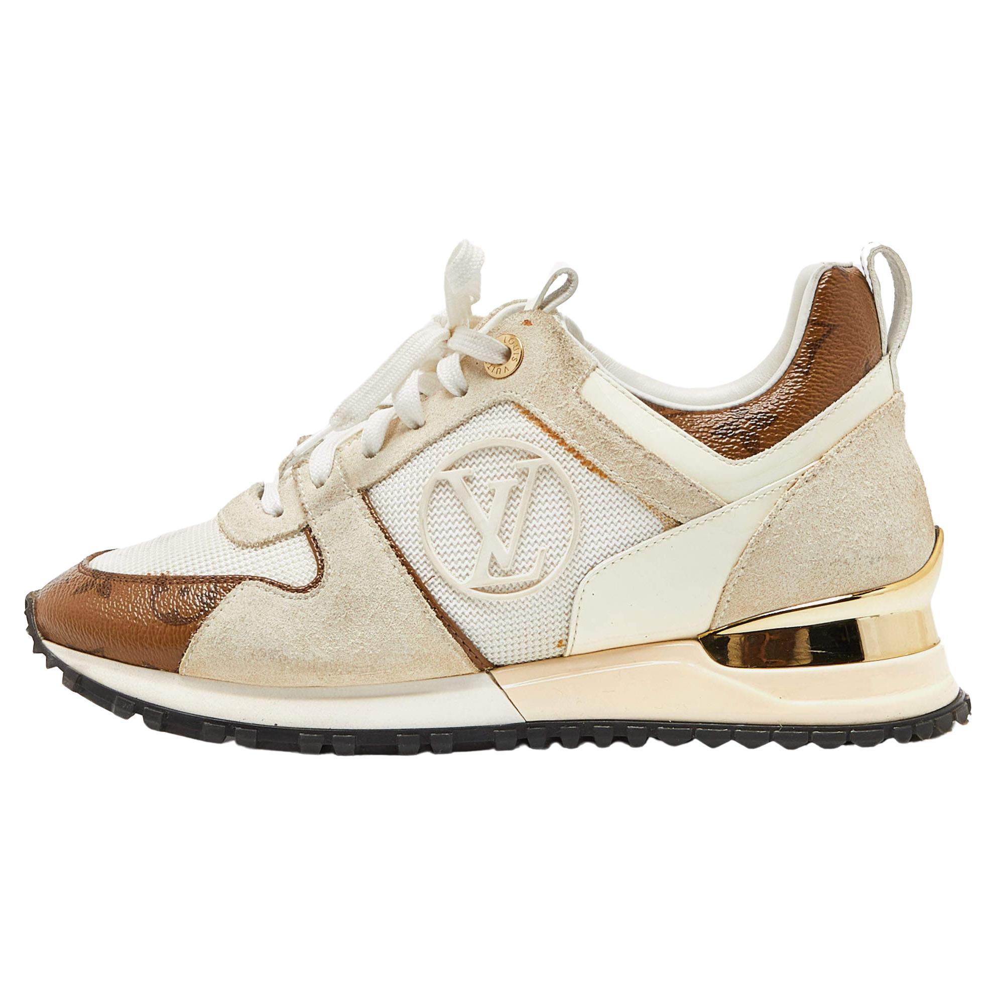 Louis Vuitton White Mesh, Leather and Monogram Canvas Run Away Sneakers Size 36 For Sale