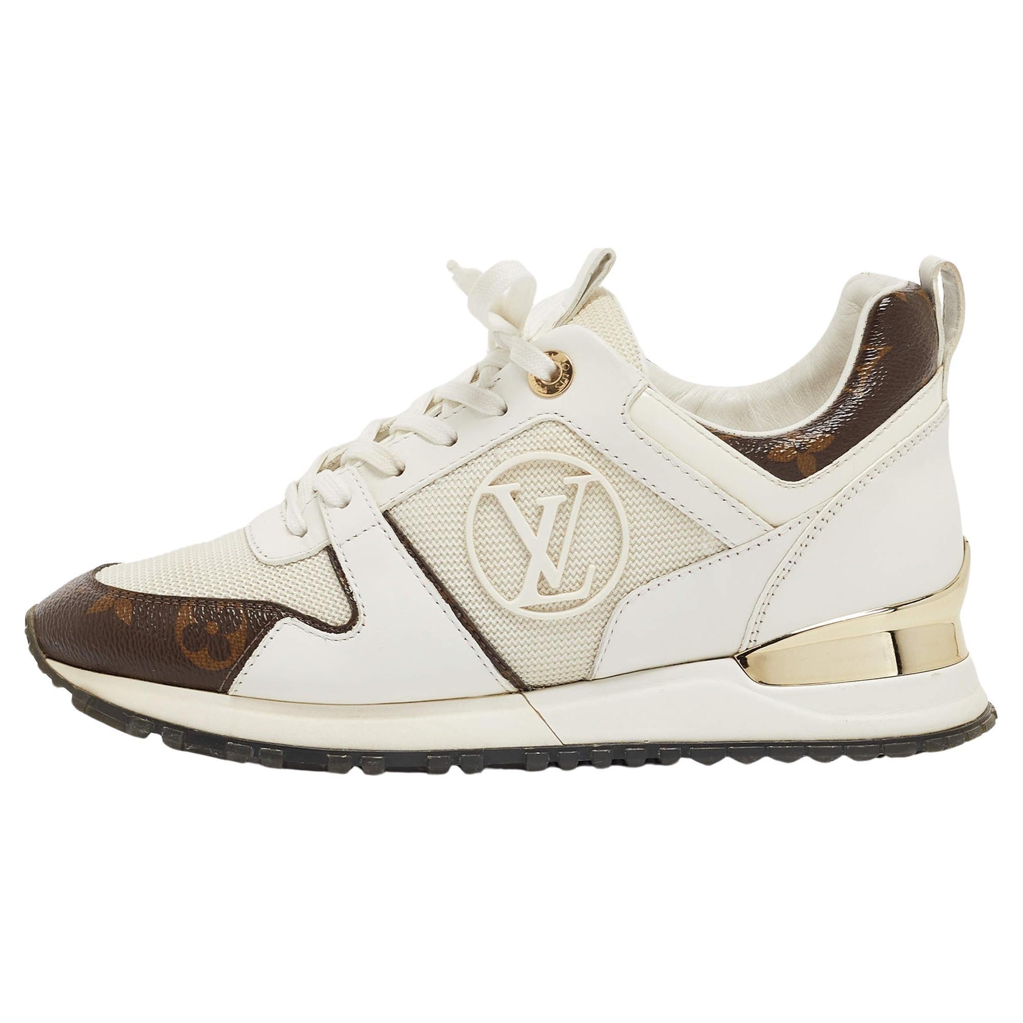Louis Vuitton White/Monogram Canvas and Leather Run Away Sneakers Size 36 For Sale
