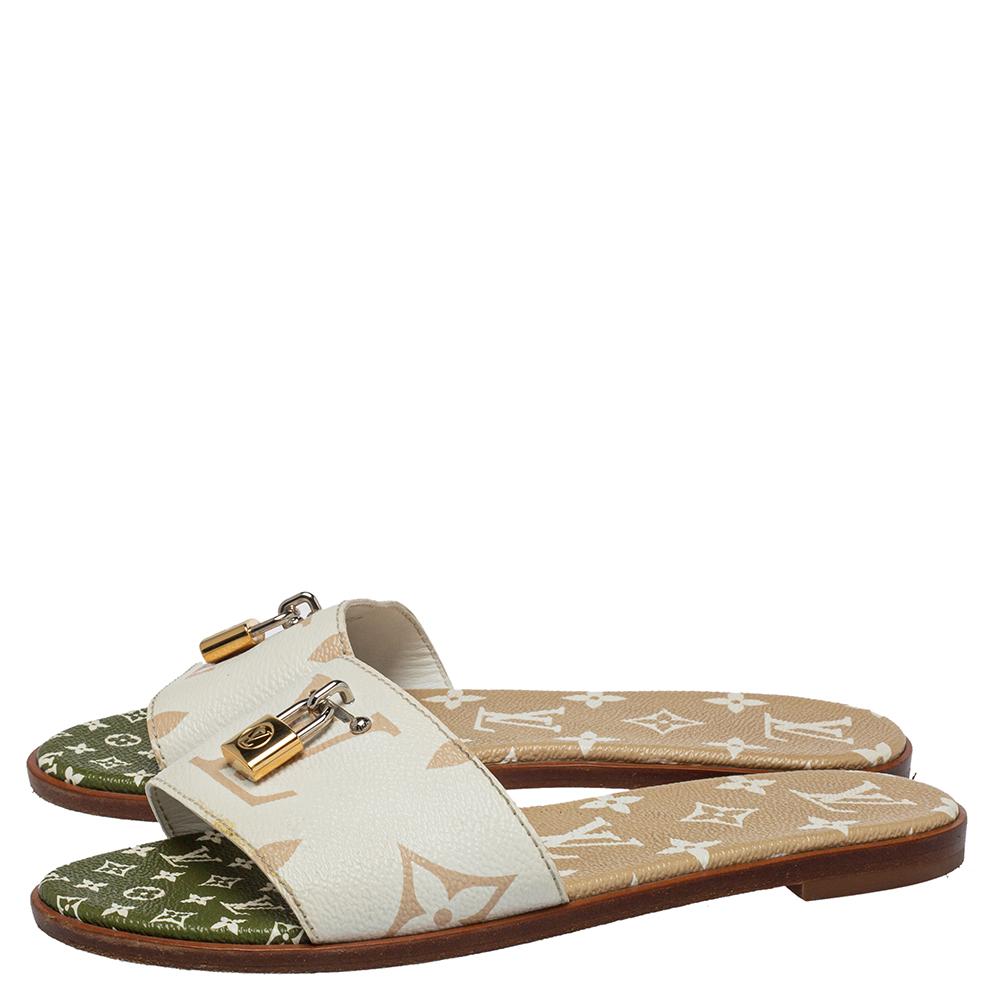 Louis Vuitton White Monogram Canvas Lock It Flat Slides Size 36.5