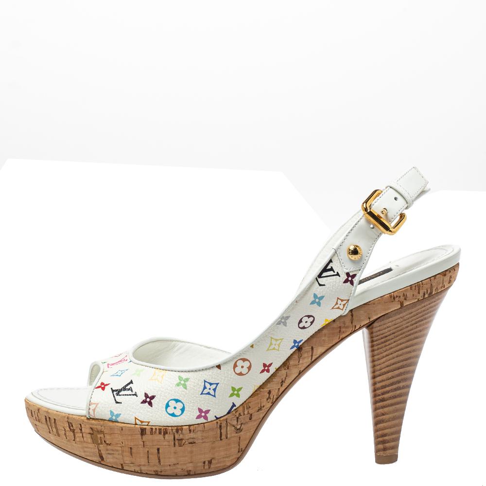 Louis Vuitton's sandals combine style with sophistication effortlessly. The peep-toe sandals with an adjustable ankle strap are crafted of the signature multicolored monogram canvas and finished off with gold-tone hardware. They feature high heels