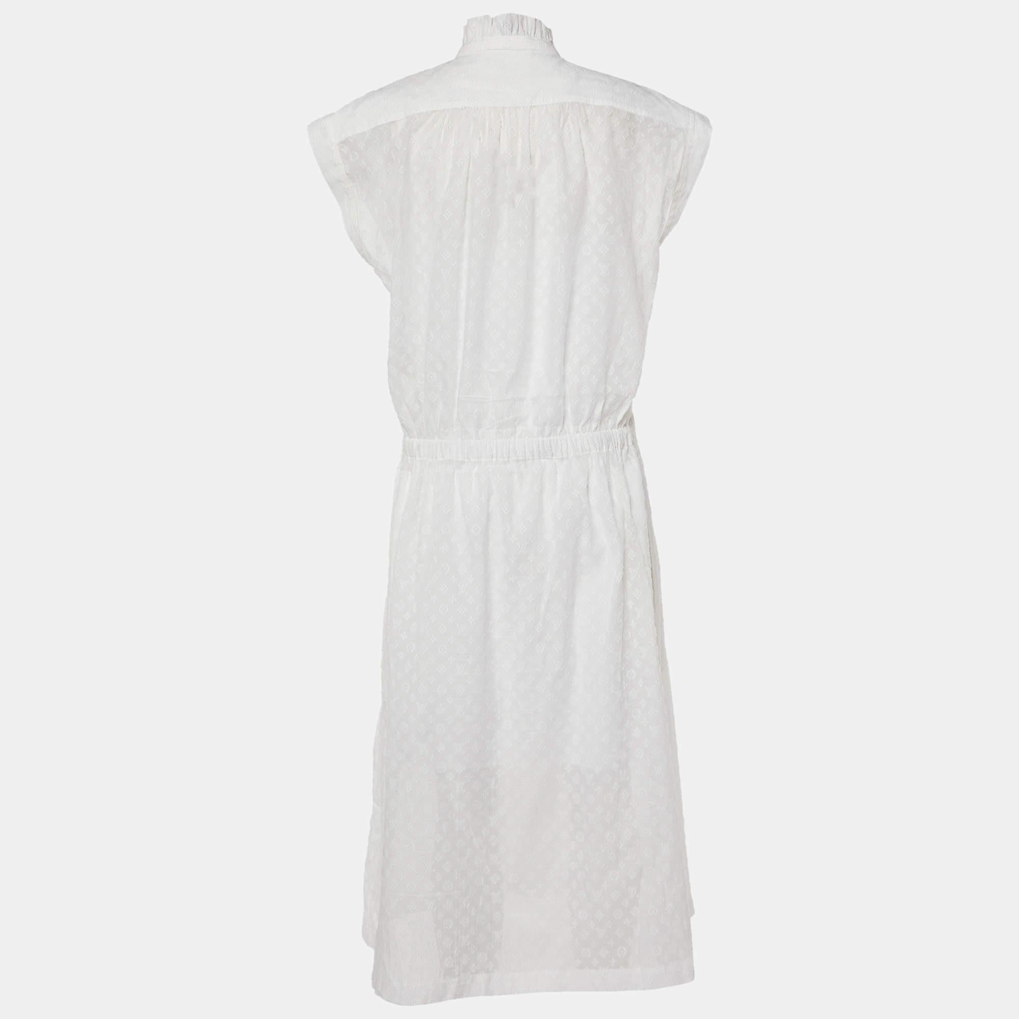 Women's Louis Vuitton White Monogram Fil Coupé Lavaliere Collar Dress S