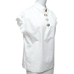 LOUIS VUITTON White Monogram FRILL BLOUSE Golden Flower Short Sleeve Sz 36 NWOT