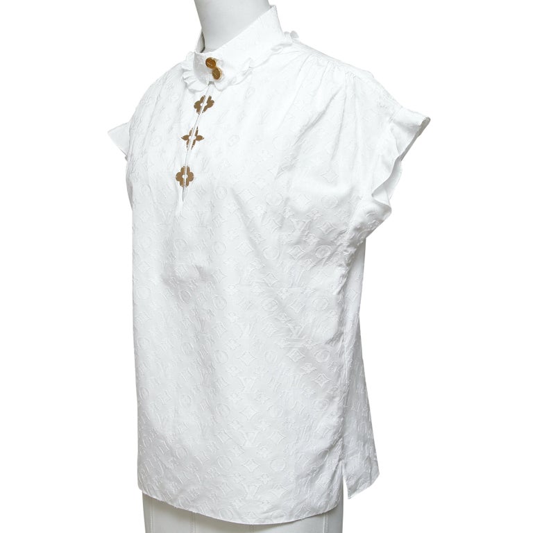 Louis Vuitton White Blouse with Black Trim Ruffled Collar — The