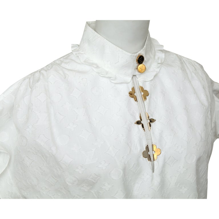 LOUIS VUITTON White Monogram FRILL BLOUSE Golden Flower Short Sleeve Sz 36  NWOT at 1stDibs