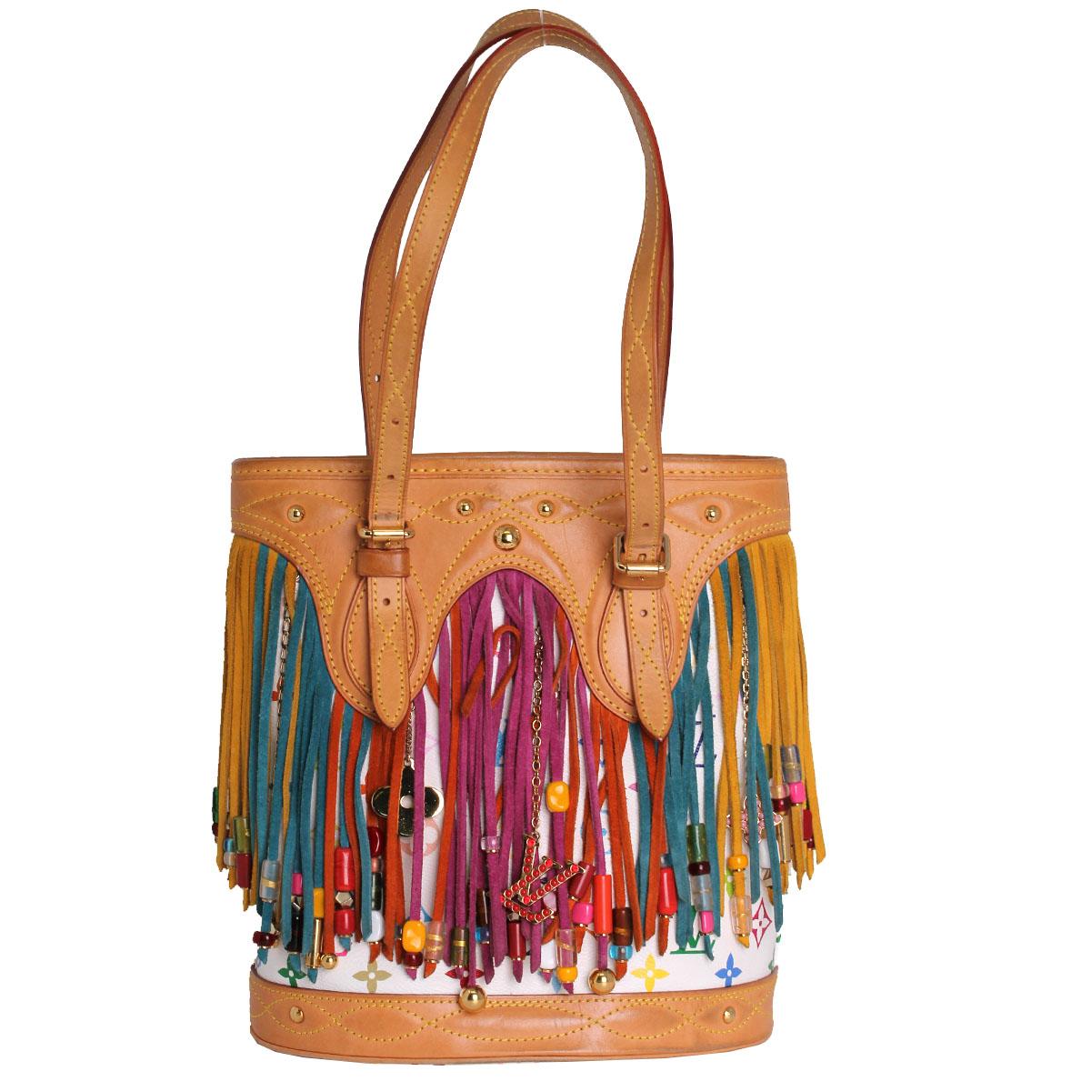 Company-Louis Vuitton
Model-White Multi-color Monogram Fringe Bucket Bag with Pouch
Color-White
Date Code-SR0059
Material-Monogram Canvas with fringe
Measurements-11