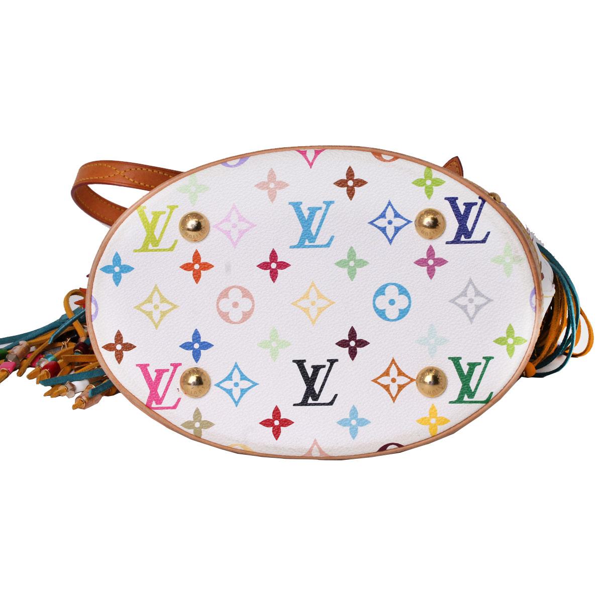 Women's Louis Vuitton White Monogram Multi-color Fringe Bucket Bag with Pouch