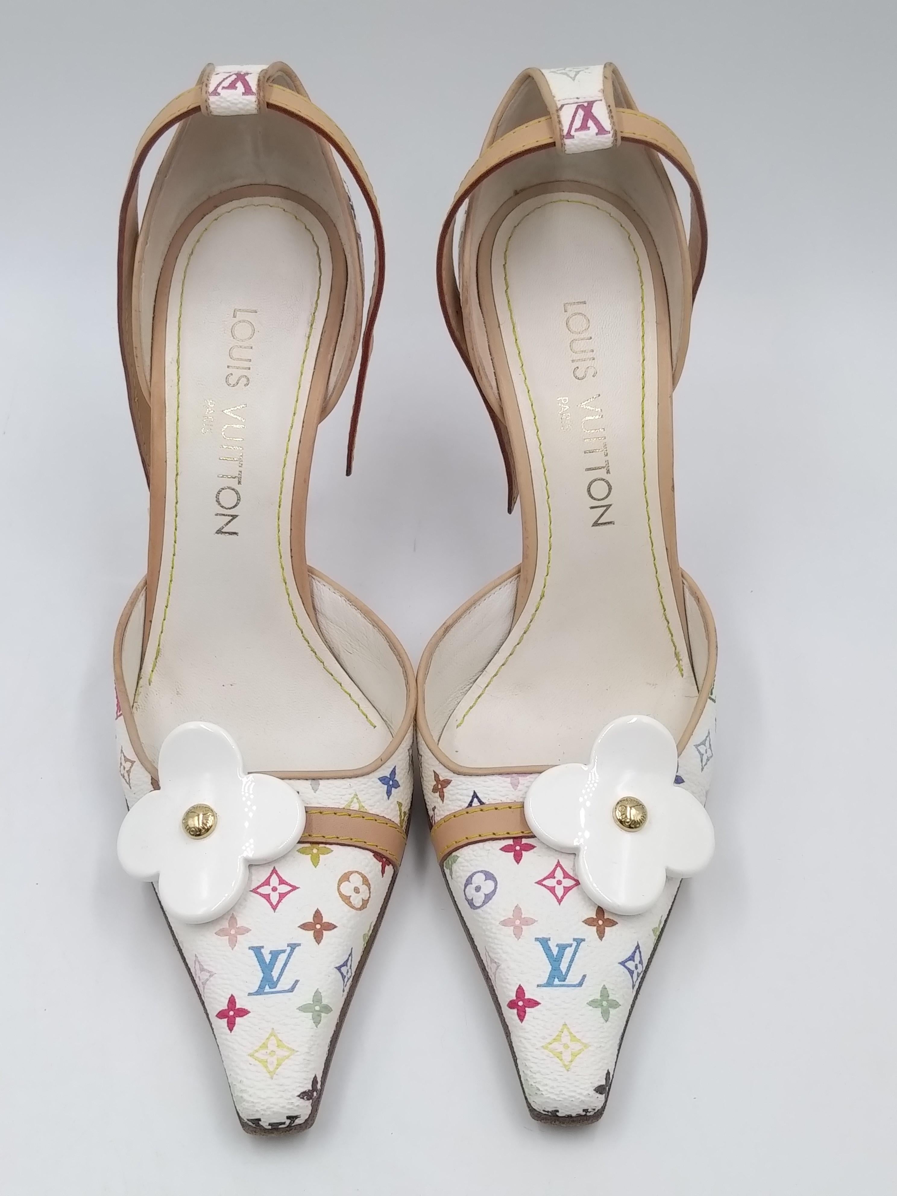 Louis Vuitton White Monogram Multicolor Ankle Strap Heels, size 37.5/6.5 2
