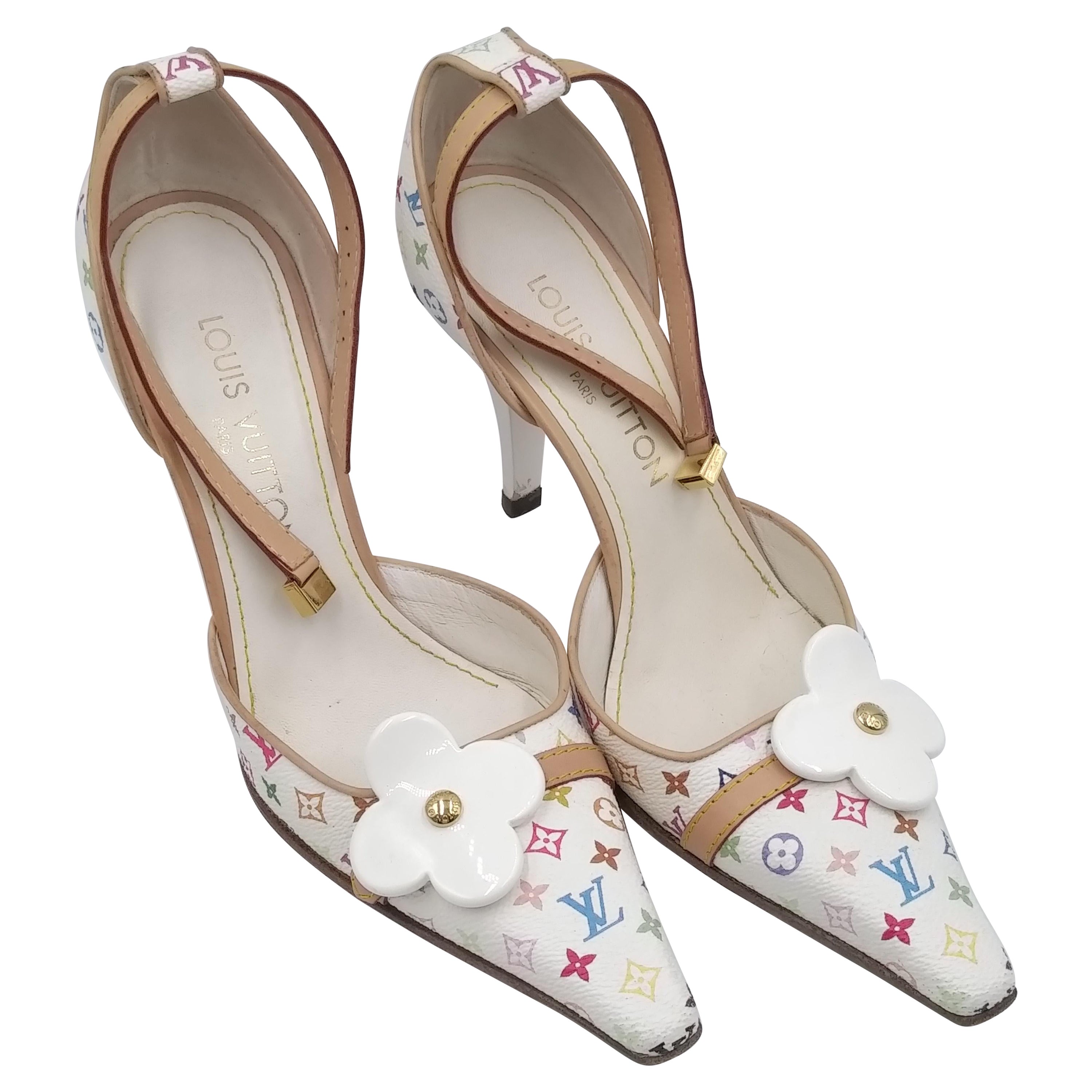 Weiße Monogrammierte Multicolor-Heels mit Knöchelriemen von Louis Vuitton, Größe 37,5/6,5