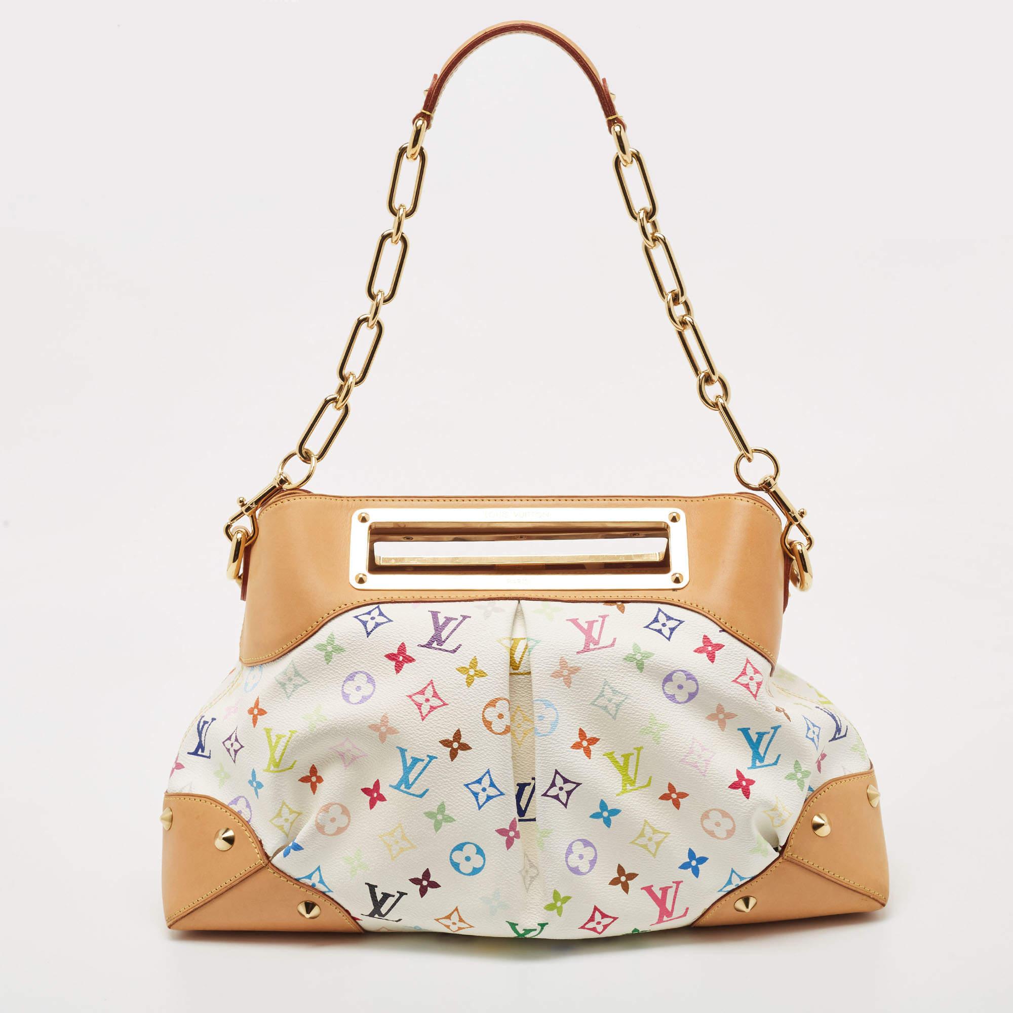 Crafted from their signature Multicolore Monogram canvas, this white Louis Vuitton bag features a detachable chain handle and frame handles engraved with the brand label. While the gold-tone hardware elevates its beauty, the Alcantara-lined interior