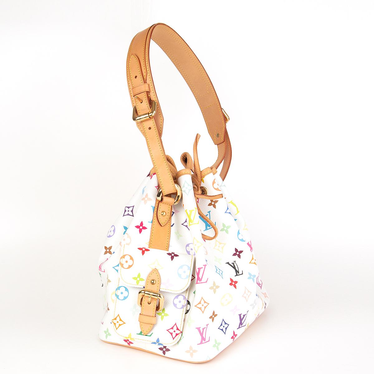 Louis Vuitton 'Petite Noé' bucket bag in white Monogram Multicolore canvas featuring Vachetta leather trimming and gold-tone hardware. Limited edition in collaboration with artiks Takashi Murakami. Opens with a drawstring on top and is lined in