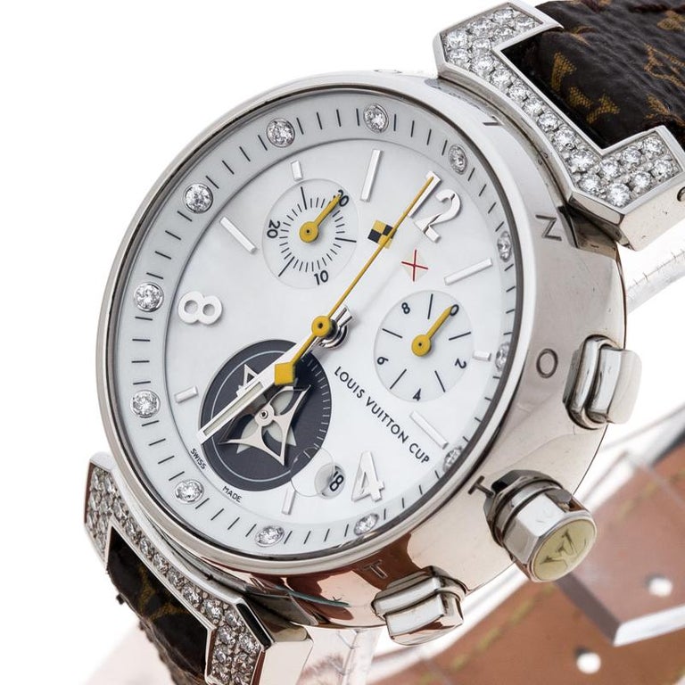 Louis Vuitton White Mother Of Pearl Tambour Q132h Women S Wristwatch 34 Mm At 1stdibs