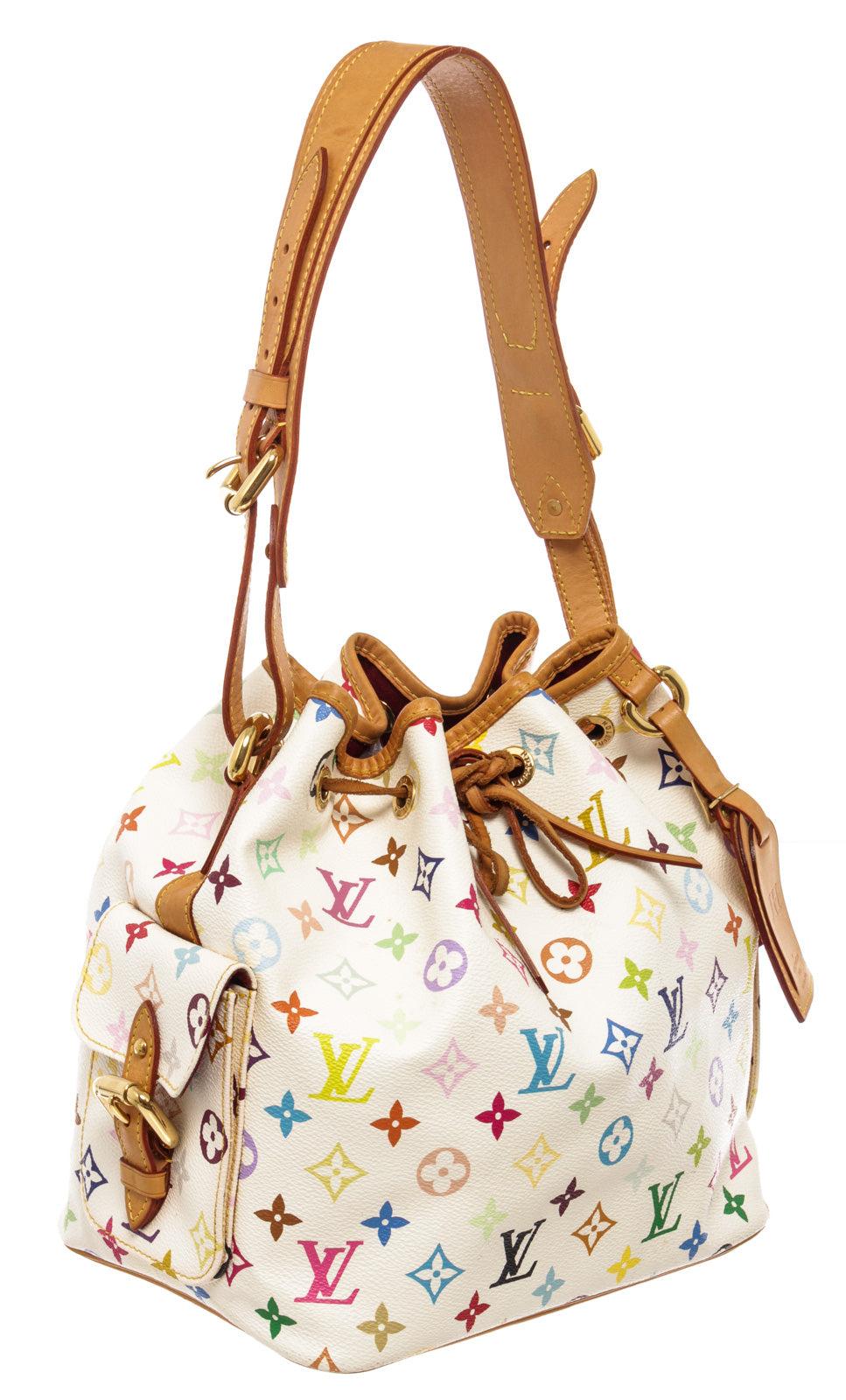 White multicolor Monogram coated canvas Louis Vuitton Noe PM bucket bag with gold-tone hardware, tan vachetta leather trim, single flat shoulder strap with buckle adjustments, dual exterior pockets with buckle closures at flaps, red Alcantara