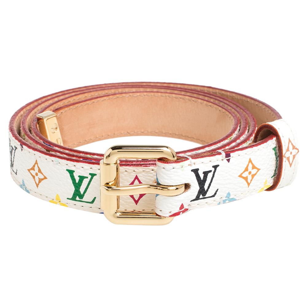 Highlight your waist with this skinny belt from Louis Vuitton. Cut from Multicolor Monogram canvas, the belt brings a spread of colors on a white base, a pin buckle in gold-tone metal, and a single loop.

Includes:Original Dustbag
