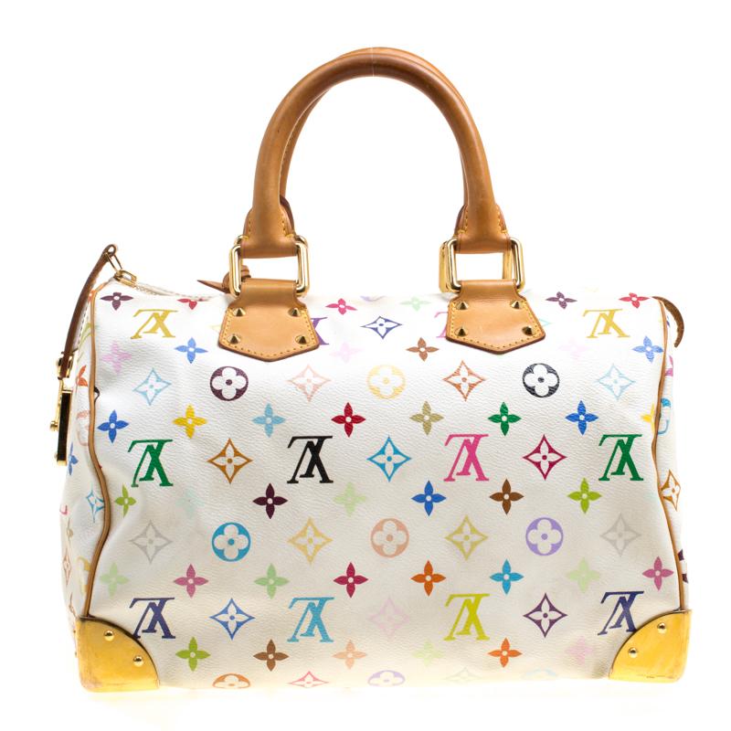 A traditional style that takes you back to the 1960’s, Speedy was one of the first bags made by Louis Vuitton for everyday use. White in colour, the bag is crafted from LV’s multicoloured monogram Canvas. It has gold tone hardware and enough room to
