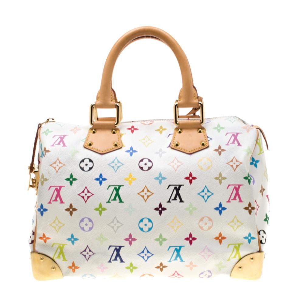 A traditional style that takes you back to the 1960’s, Speedy was one of the first bags made by Louis Vuitton for everyday use. White in color the bag is crafted from Louis Vuitton's multicolor Monogram canvas. It has gold tone hardware and enough