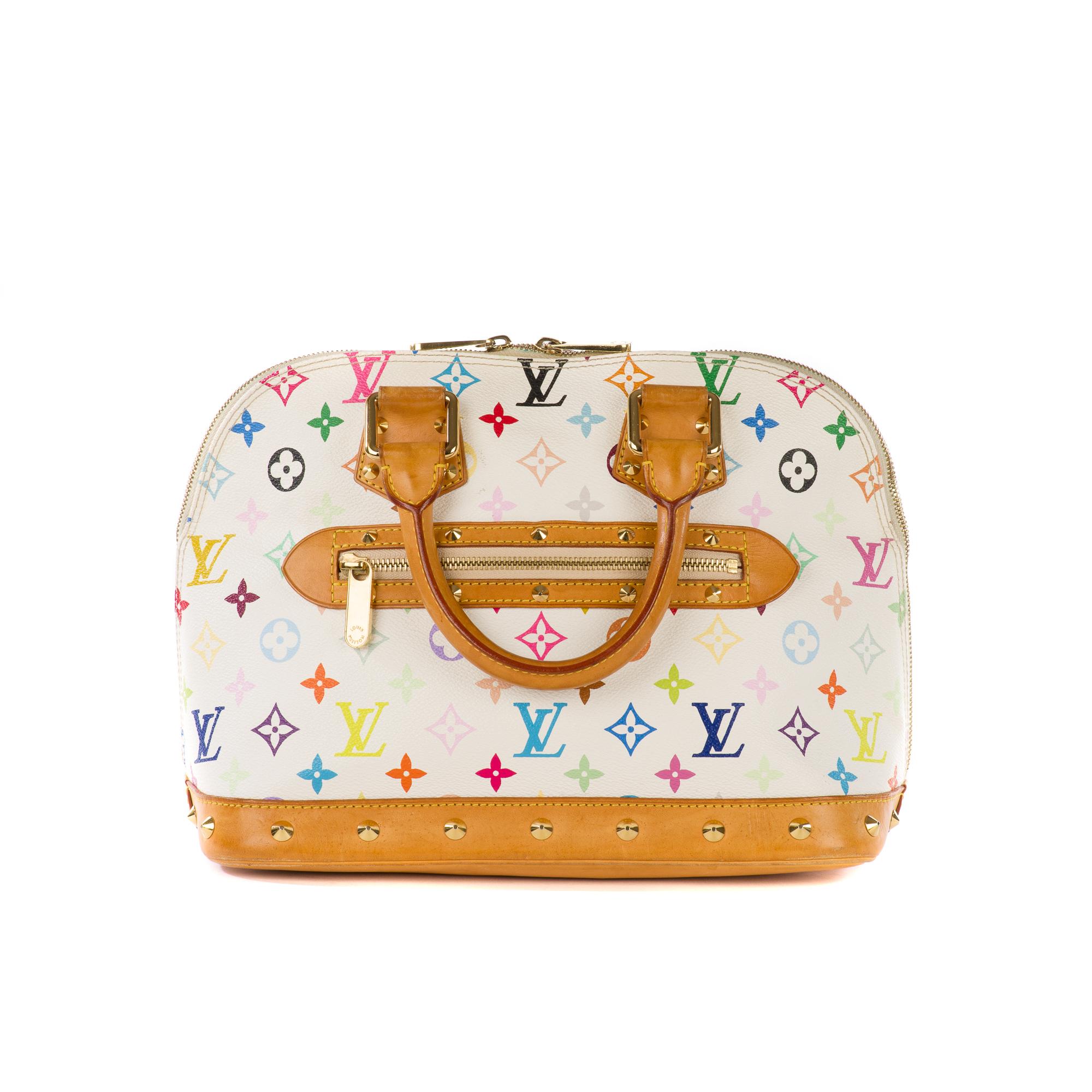 This Murakami made version of the popular Alma by Louis Vuitton is both colorful and edgy. Made from white multicolored monogram canvas with beige leather trim, the exterior also features a top zip closure with double zipper pulls, rolled double