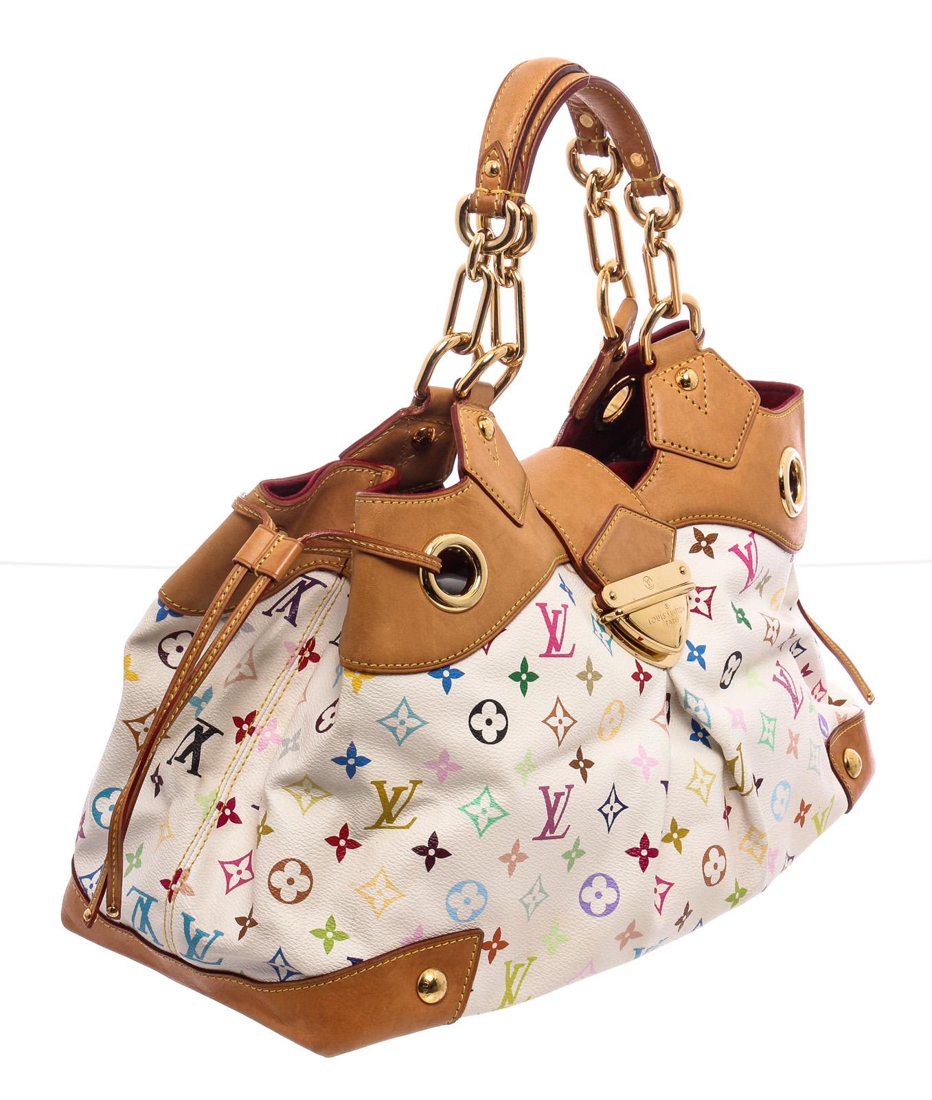White and multicolor monogram coated canvas Louis Vuitton Ursula bag with brass hardware, dual chain-link shoulder straps with shoulder guards, tan vachetta leather trim, drawstring accents at sides, yellow contrast stitching, red Alcantara lining,