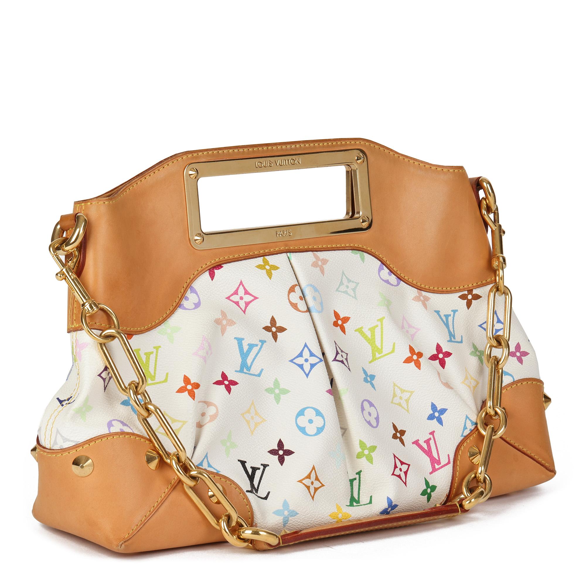 LOUIS VUITTON
White Multicolore Monogram Coated Canvas & Studded Vachetta Leather Judy MM

Serial Number: SR 0131
Age (Circa): 2011
Accompanied By: Shoulder Strap
Authenticity Details: Date Stamp (Made in France) 
Gender: Ladies
Type: Tote,