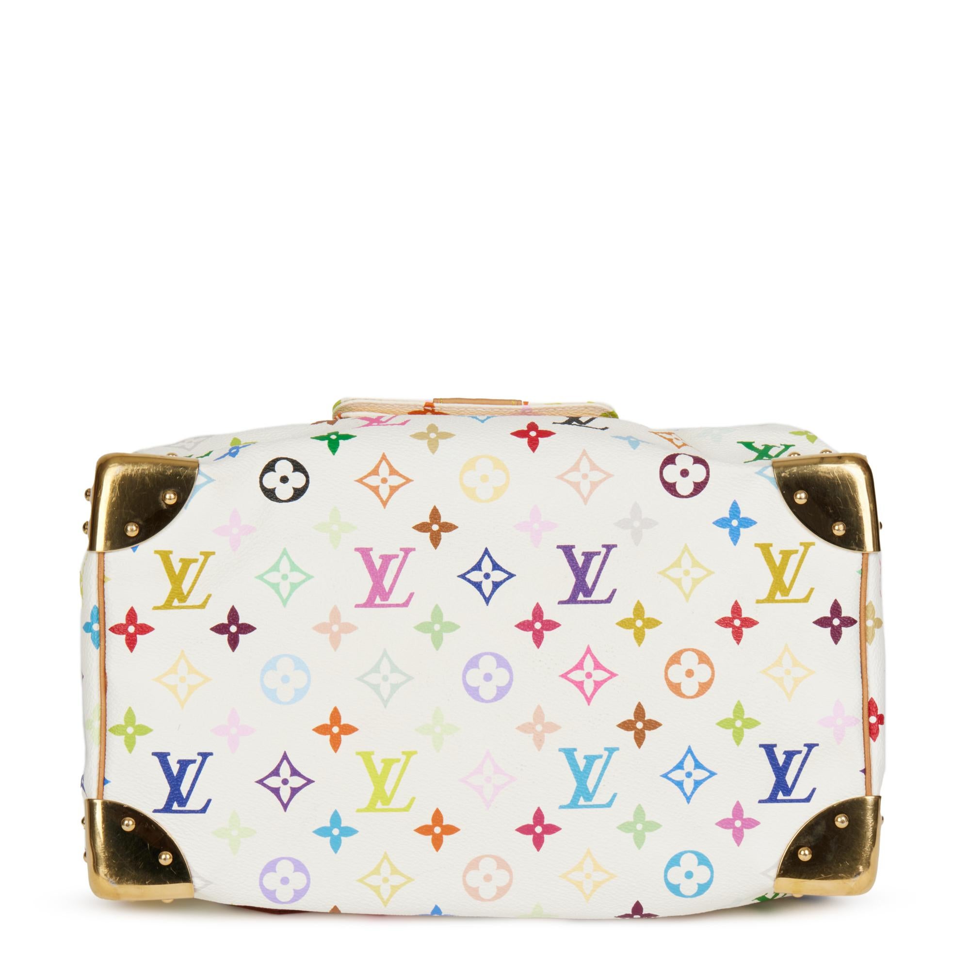 LOUIS VUITTON White Multicolour Monogram Coated Canvas & Vachetta Leather Speedy In Good Condition In Bishop's Stortford, Hertfordshire