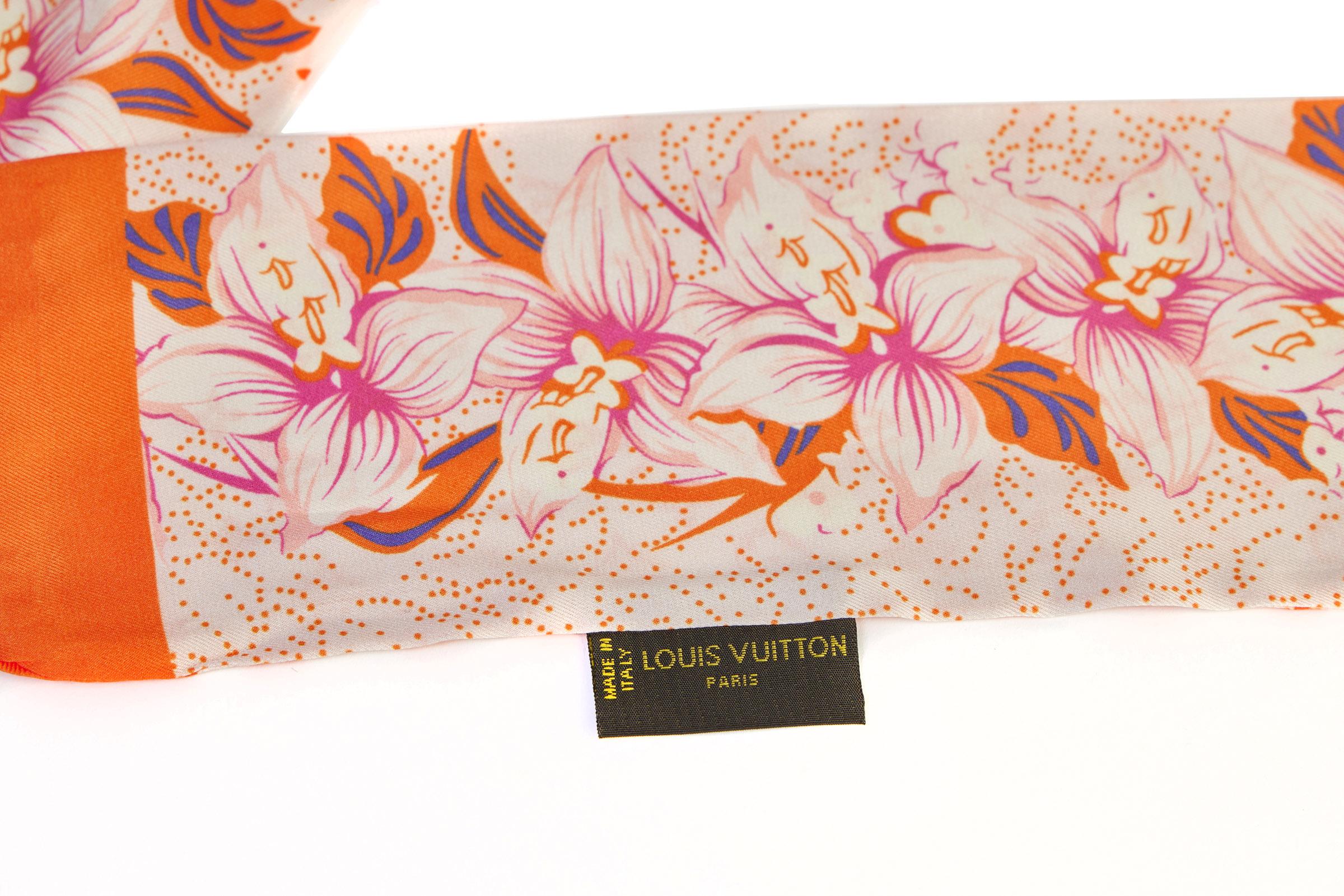Louis Vuitton White Orange Orchids Silk Twill Scarf 1