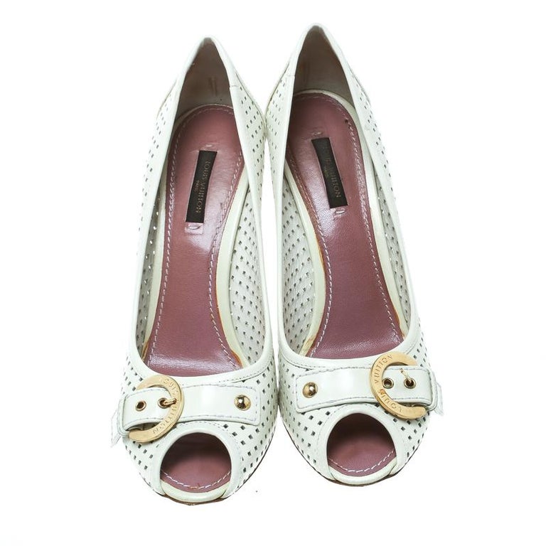 Louis Vuitton White Perforated Leather Buckle Peep Toe Block Heel Pumps Size 39. For Sale at 1stdibs