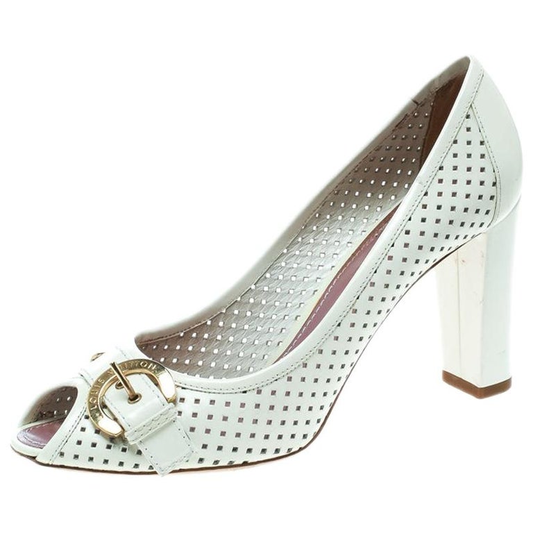 Louis Vuitton White Perforated Leather Buckle Peep Toe Block Heel Pumps Size 39. For Sale at 1stdibs