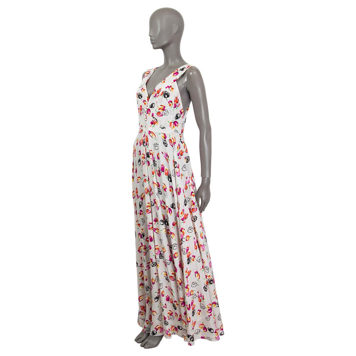100% authentic Louis Vuitton 2019 sleeveless maxi dress in off-white, purple, green, black and pink silk (100%). Features a v-neck with faux buttons and a tulip print. Opens with a concealed zipper and a hook at the back. Unlined. Brand new, with