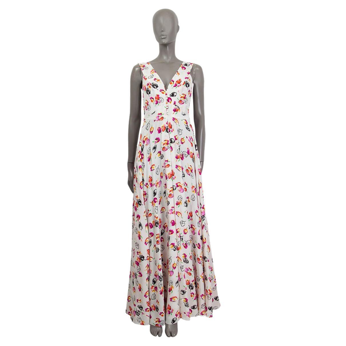LOUIS VUITTON Maxi abito senza maniche in seta bianca e rosa con stampa TULIP 36 XS