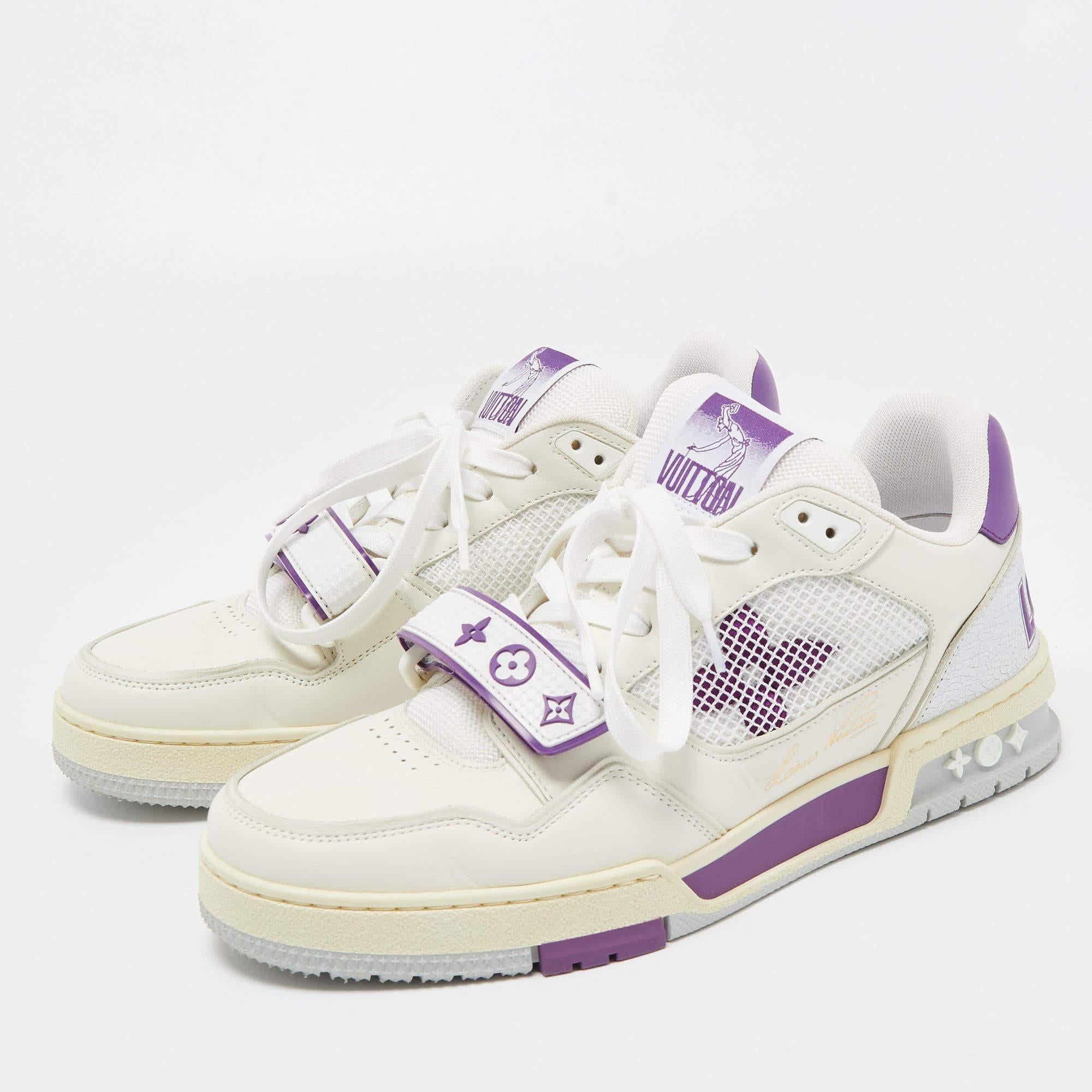 Louis Vuitton White/Purple Leather and Mesh LV Trainer Sneakers Size 41 For Sale 1
