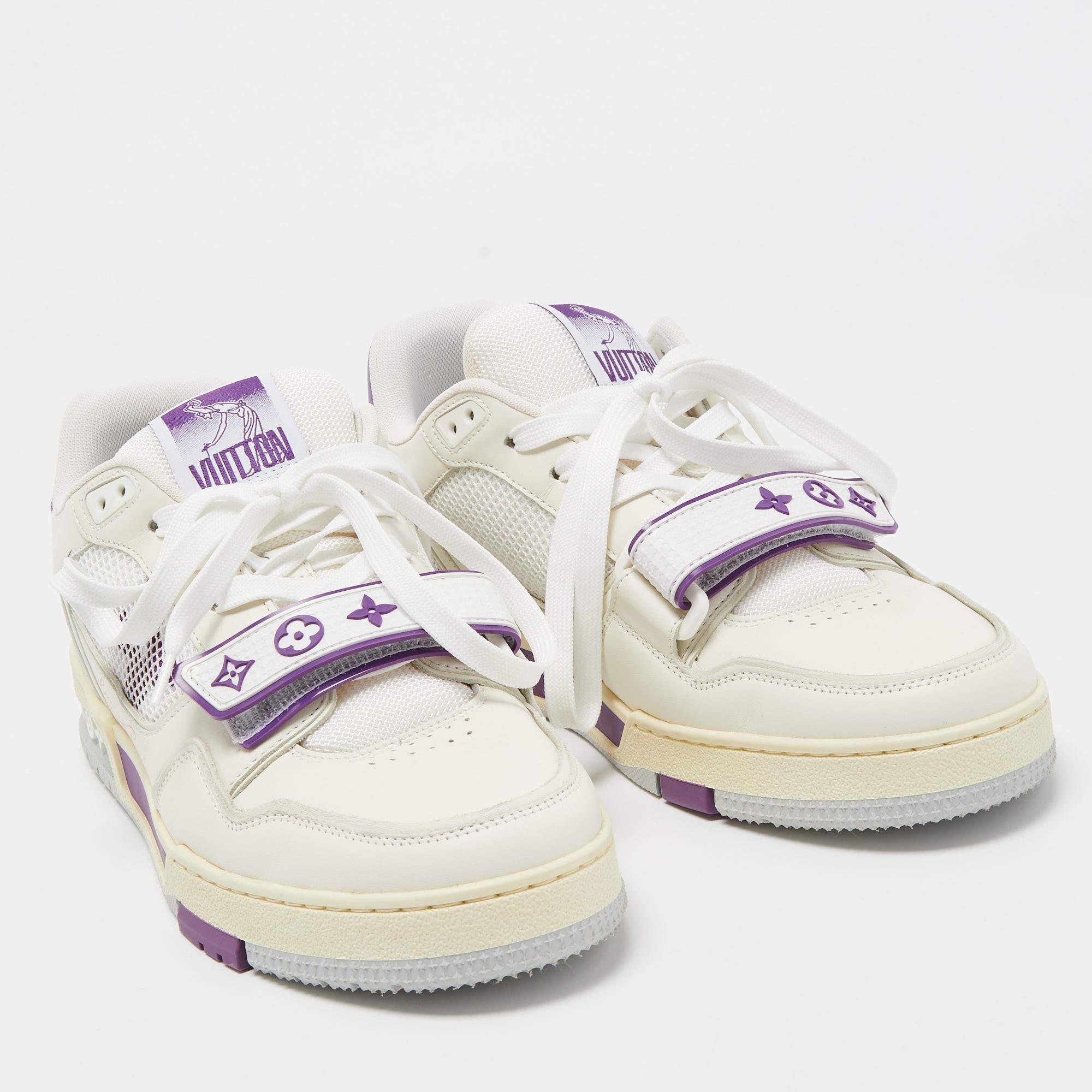 Louis Vuitton White/Purple Leather and Mesh LV Trainer Sneakers Size 41 For Sale 3