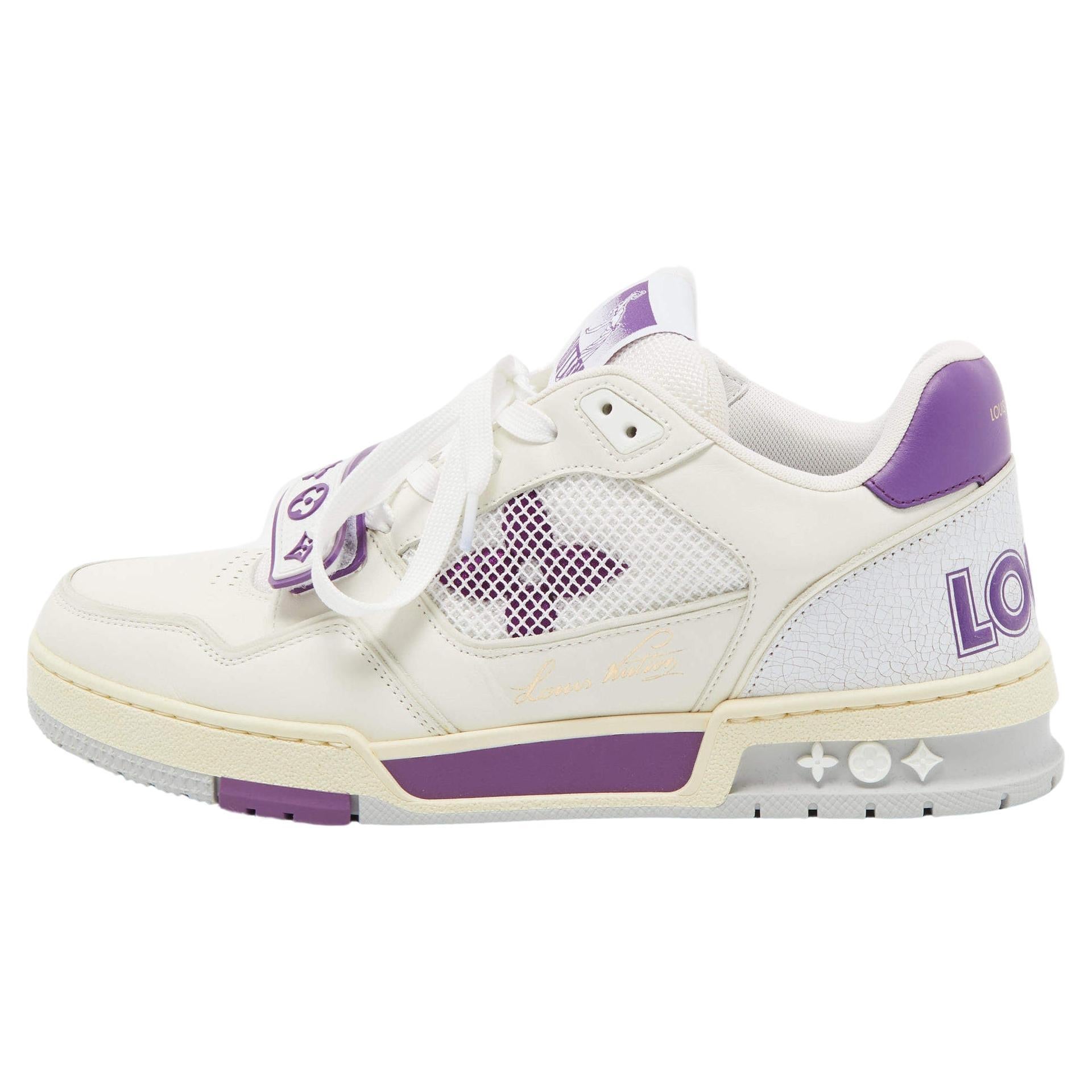 Louis Vuitton White/Purple Leather and Mesh LV Trainer Sneakers Size 41 For Sale