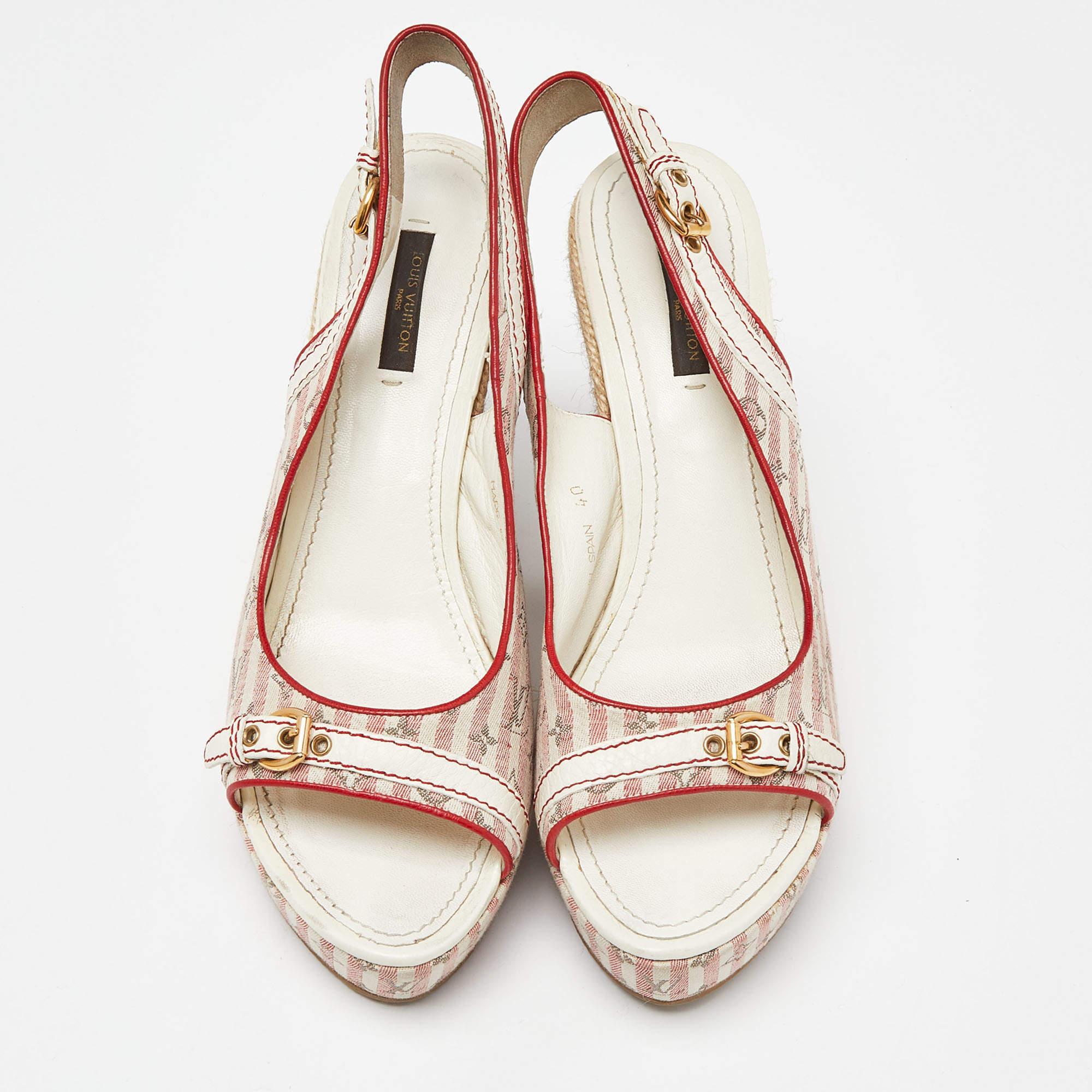 Women's Louis Vuitton White/Red Canvas Wedge Sandals Size 40 For Sale